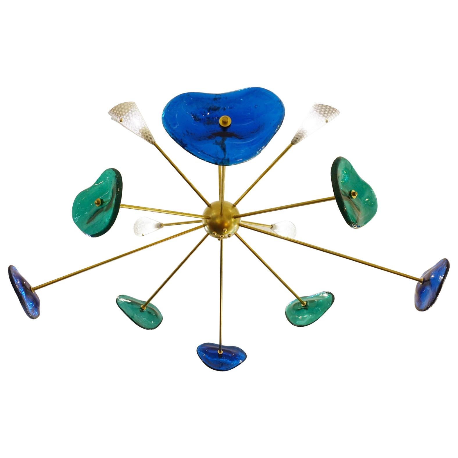 Glass and Brass Sputnik Chandelier, Belgian Creation Signed "JN" For Sale