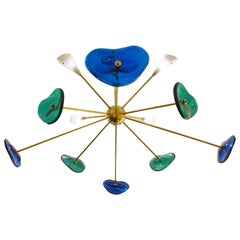 Glass and Brass Sputnik Chandelier, Belgian Creation Signed "JN"