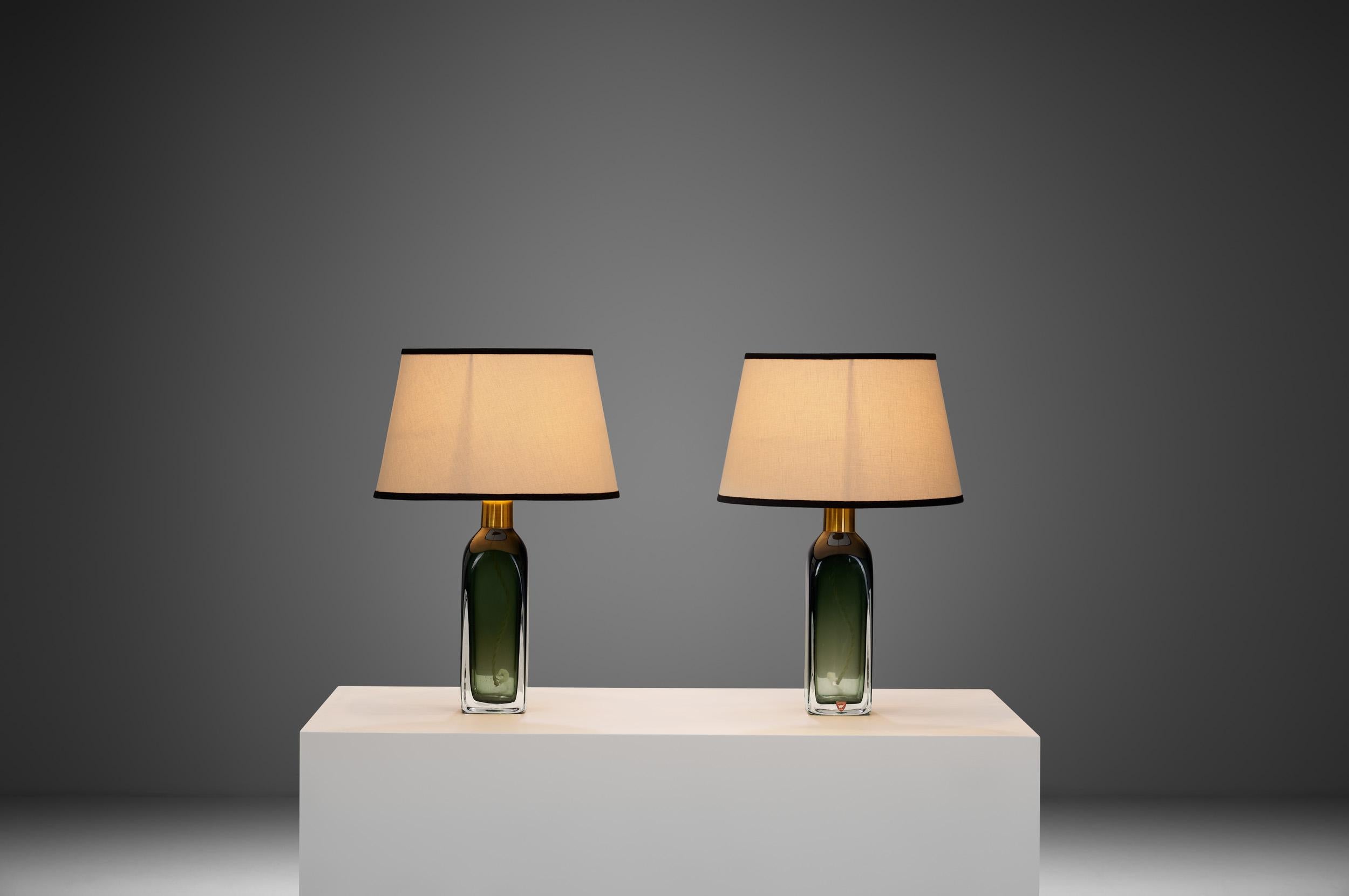 Swedish Glass and Brass Table Lamps by Carl Fagerlund for Orrefors, Sweden 20th Century