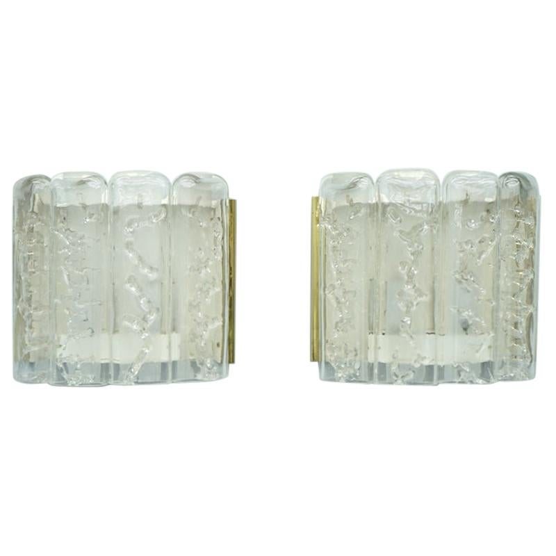 Pair of Glass and Brass Wall Light Sconces by Doria Germany 1970s For Sale