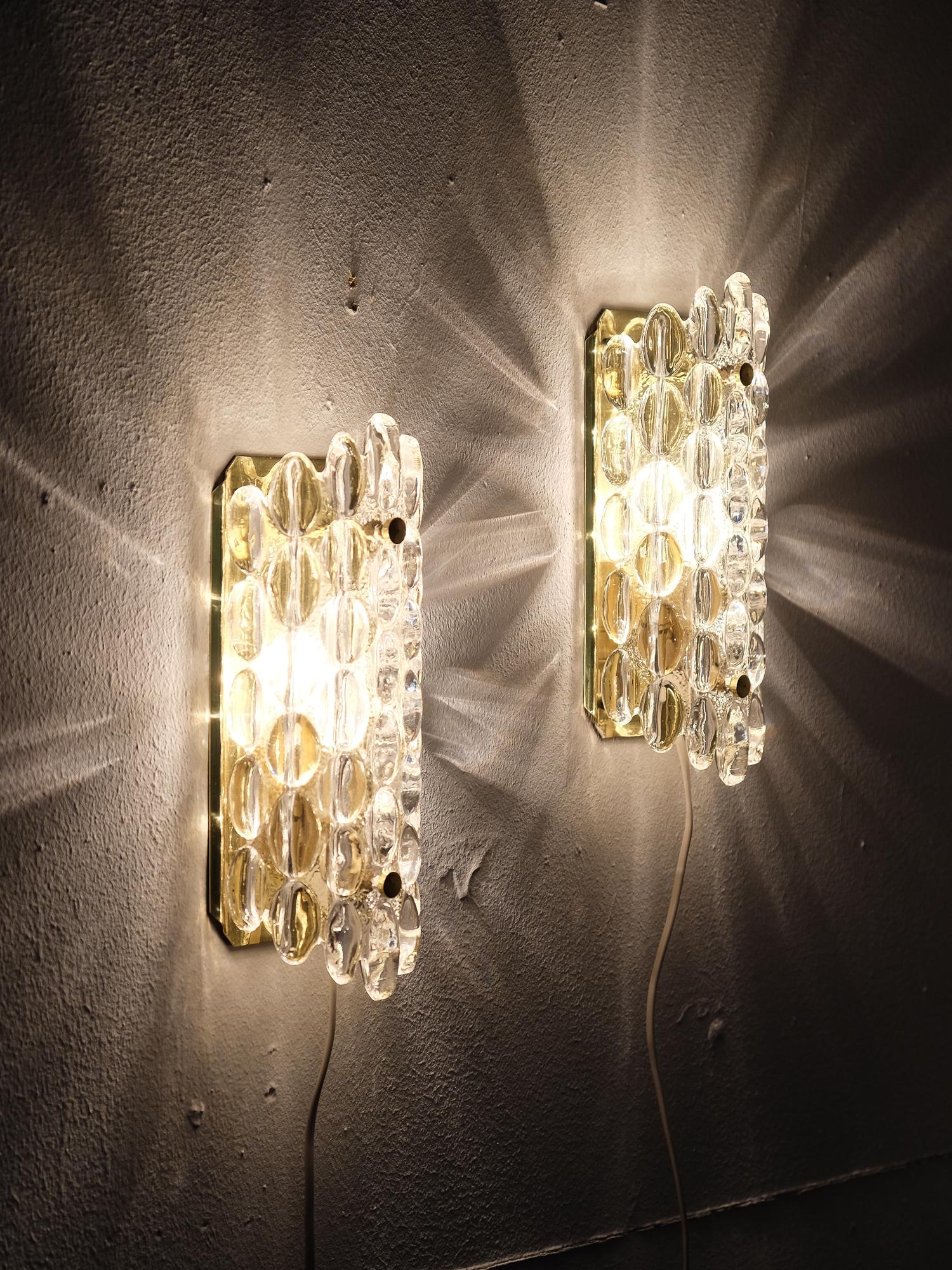 Glass and Brass Wall Sconces by Carl Fagerlund for Orrefors, 1960s 3
