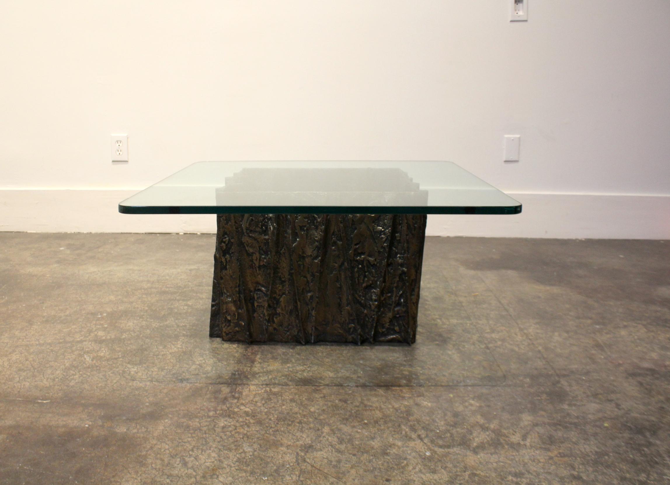American Glass and Bronze Brutalist Coffee Table by Paul Evans For Sale