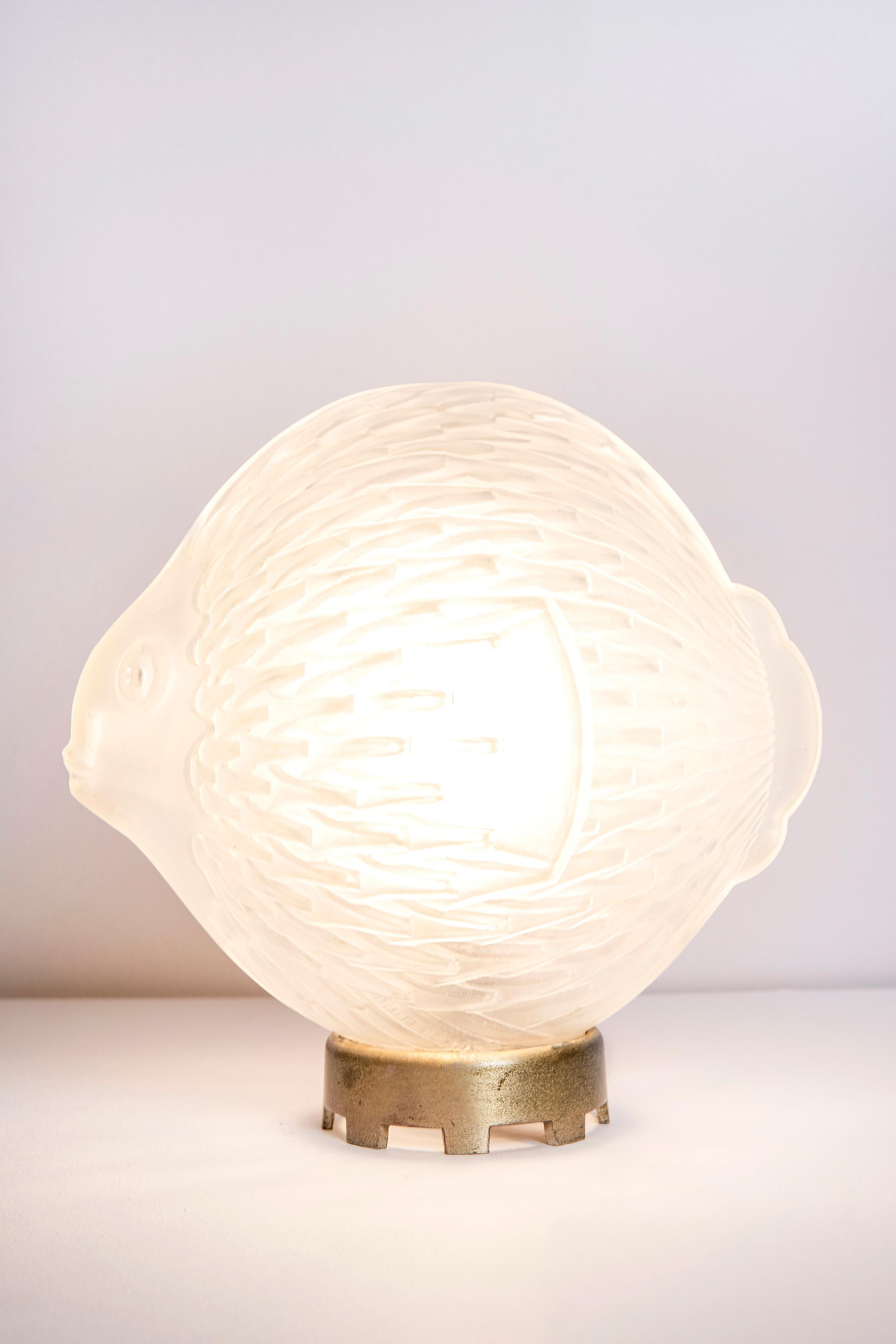 French Glass and Bronze Blowfish Lamp, Art Deco Period, France, circa 1920 For Sale