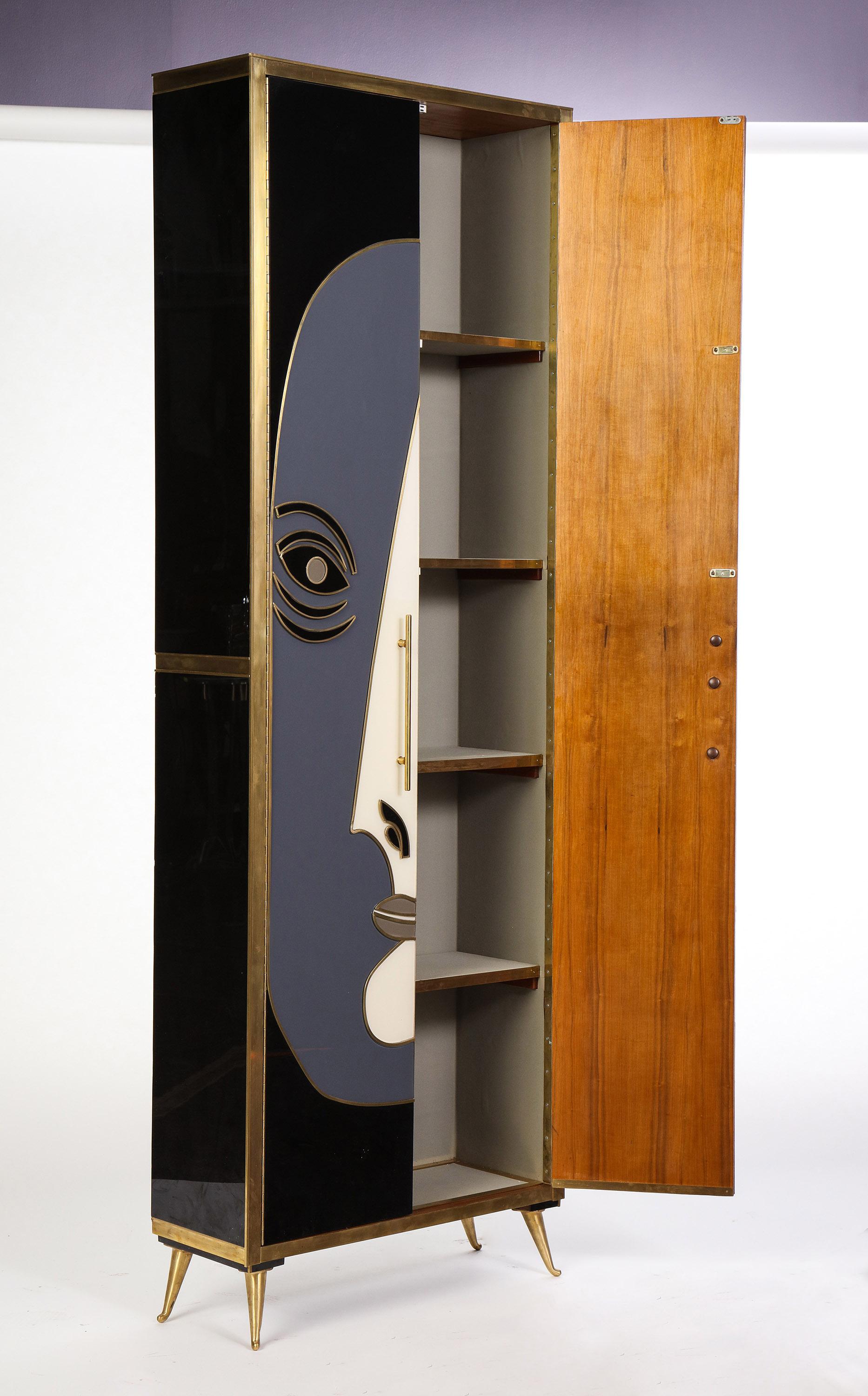 Glass and Bronze Two-Door Cabinet Decorated with an Abstract Face, Modern 6
