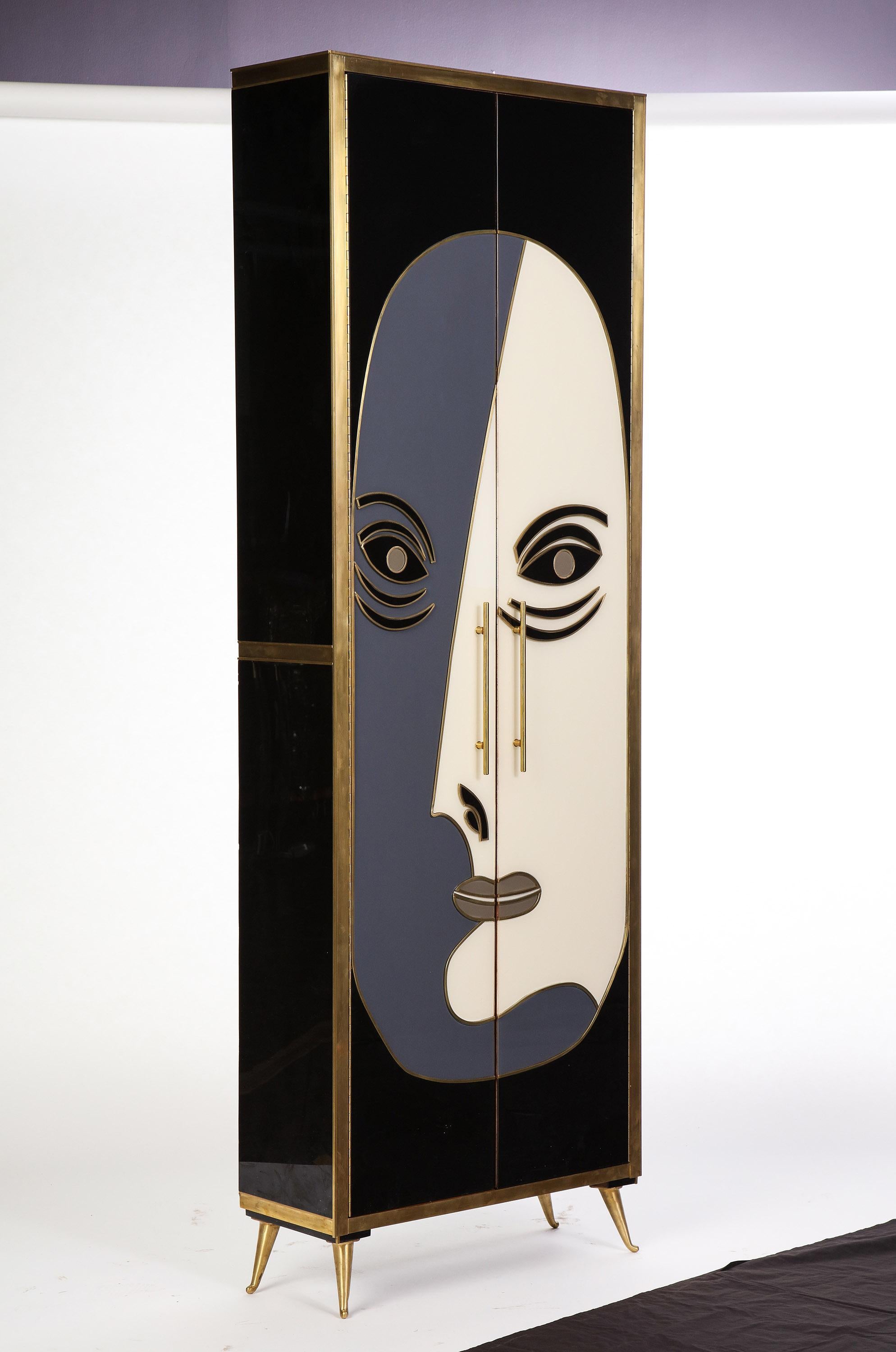 Glass and Bronze Two-Door Cabinet Decorated with an Abstract Face, Modern 7