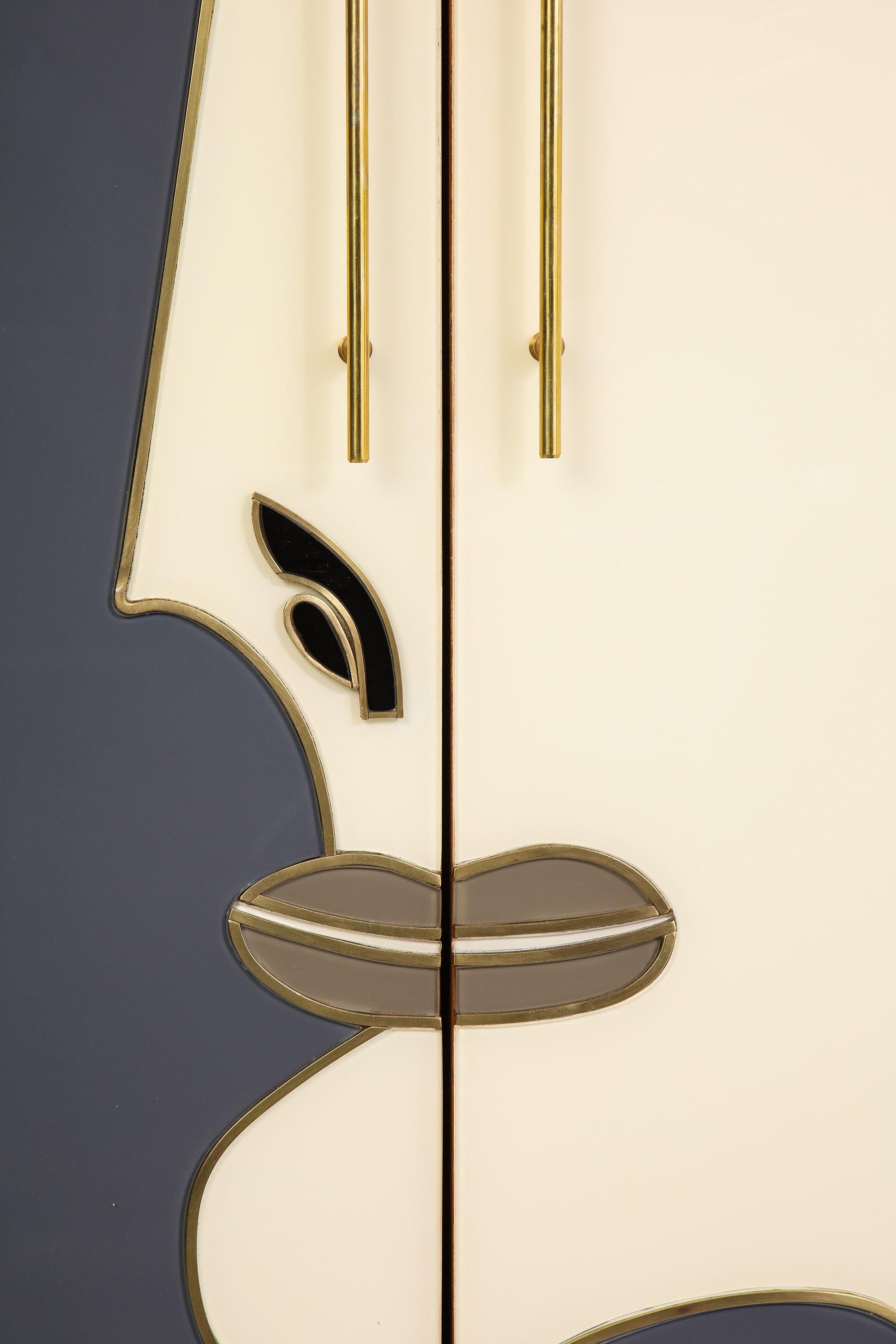 Glass and Bronze Two-Door Cabinet Decorated with an Abstract Face, Modern 1