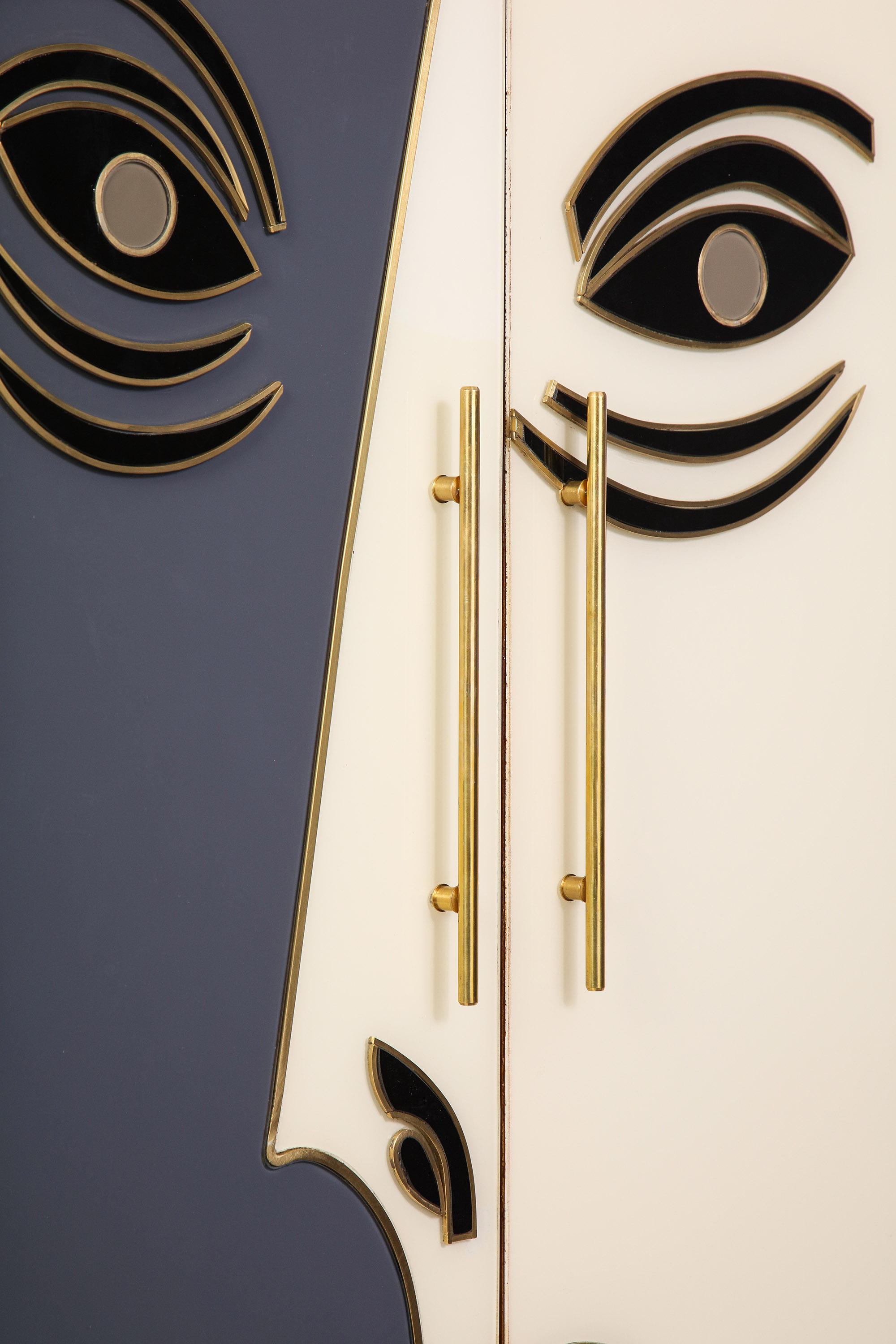Glass and Bronze Two-Door Cabinet Decorated with an Abstract Face, Modern 5
