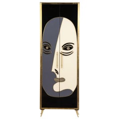 Glass and Bronze Two-Door Cabinet Decorated with an Abstract Face, Modern