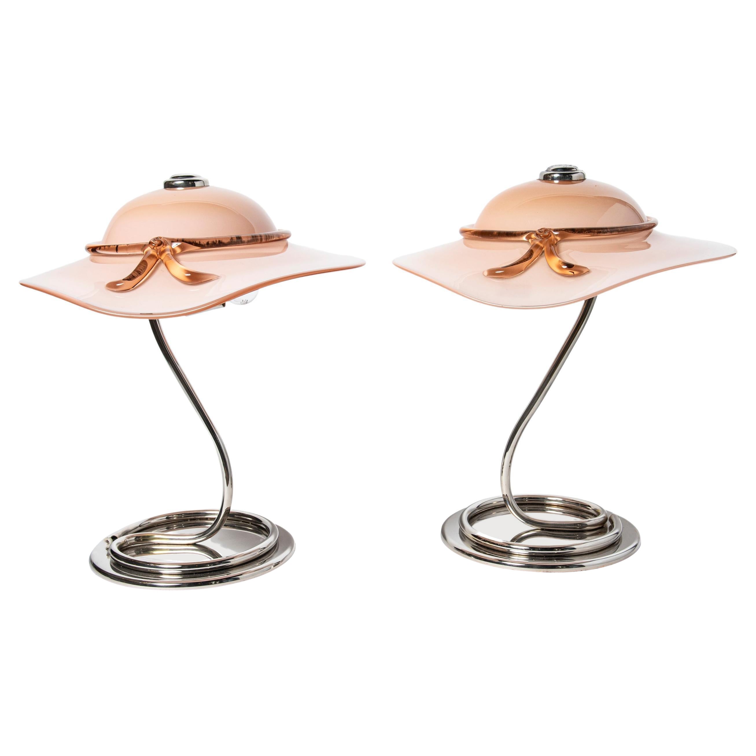 Glass and chrome capeline table lamps. Italy, circa 1970. For Sale