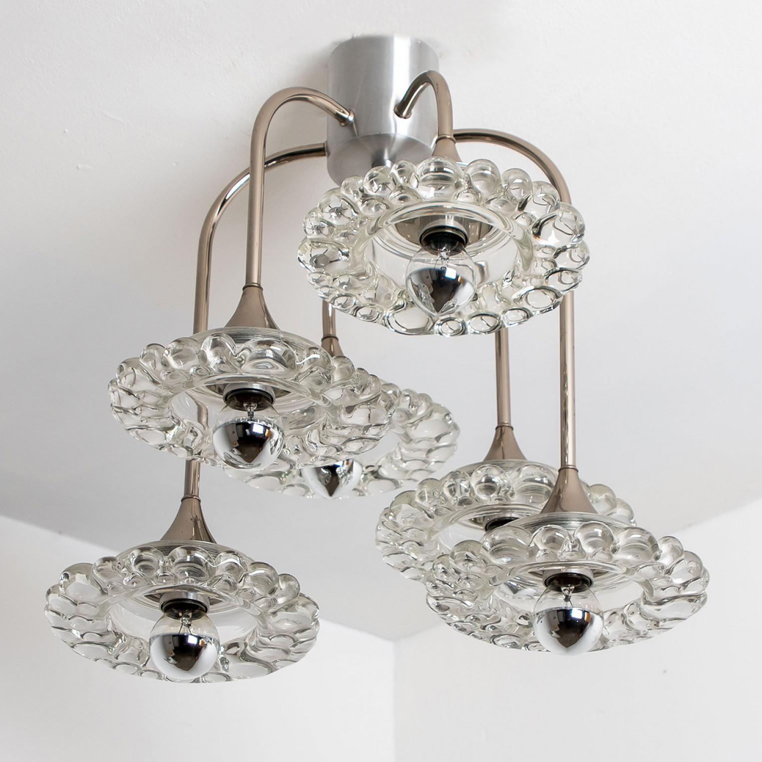 German Glass and Chrome Chandelier by Hillebrand, 1960s For Sale