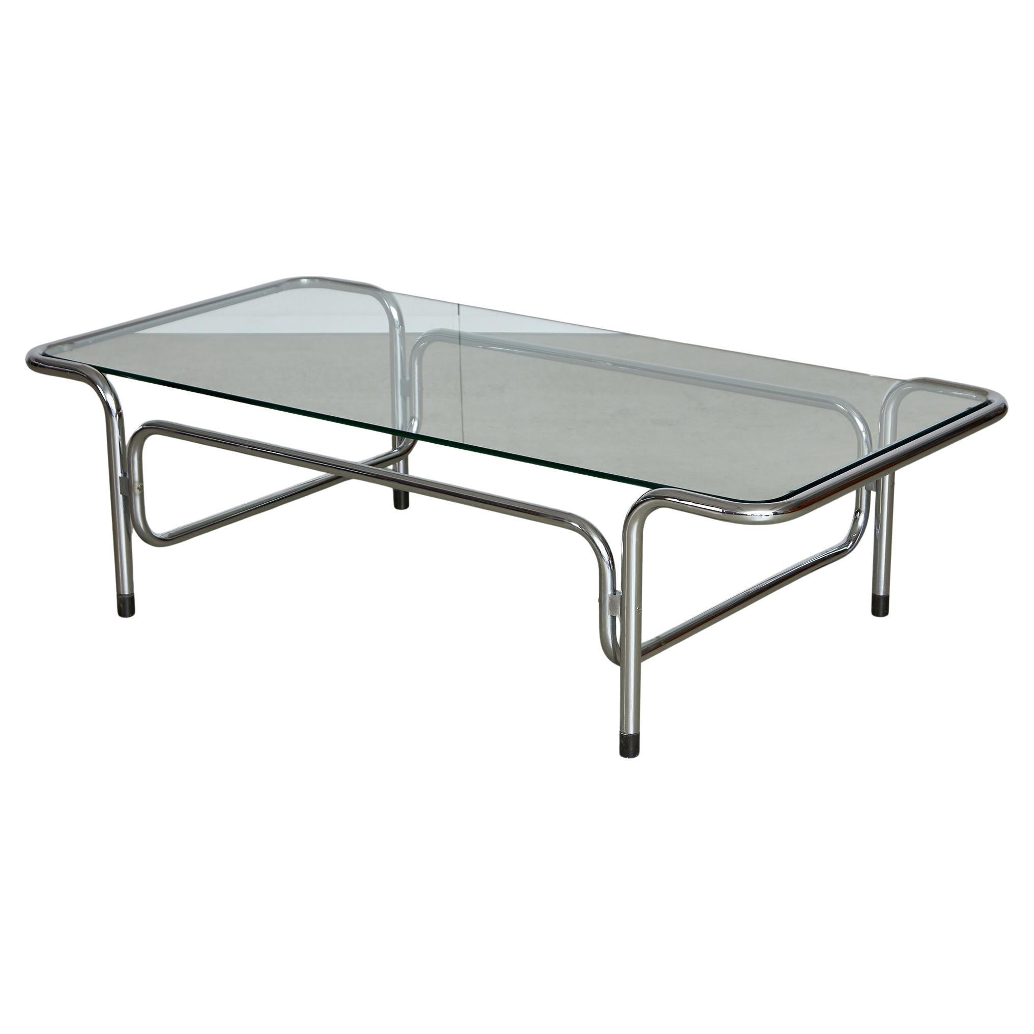 Glass and Chrome Coffee Table with Curved Frame, 1970s