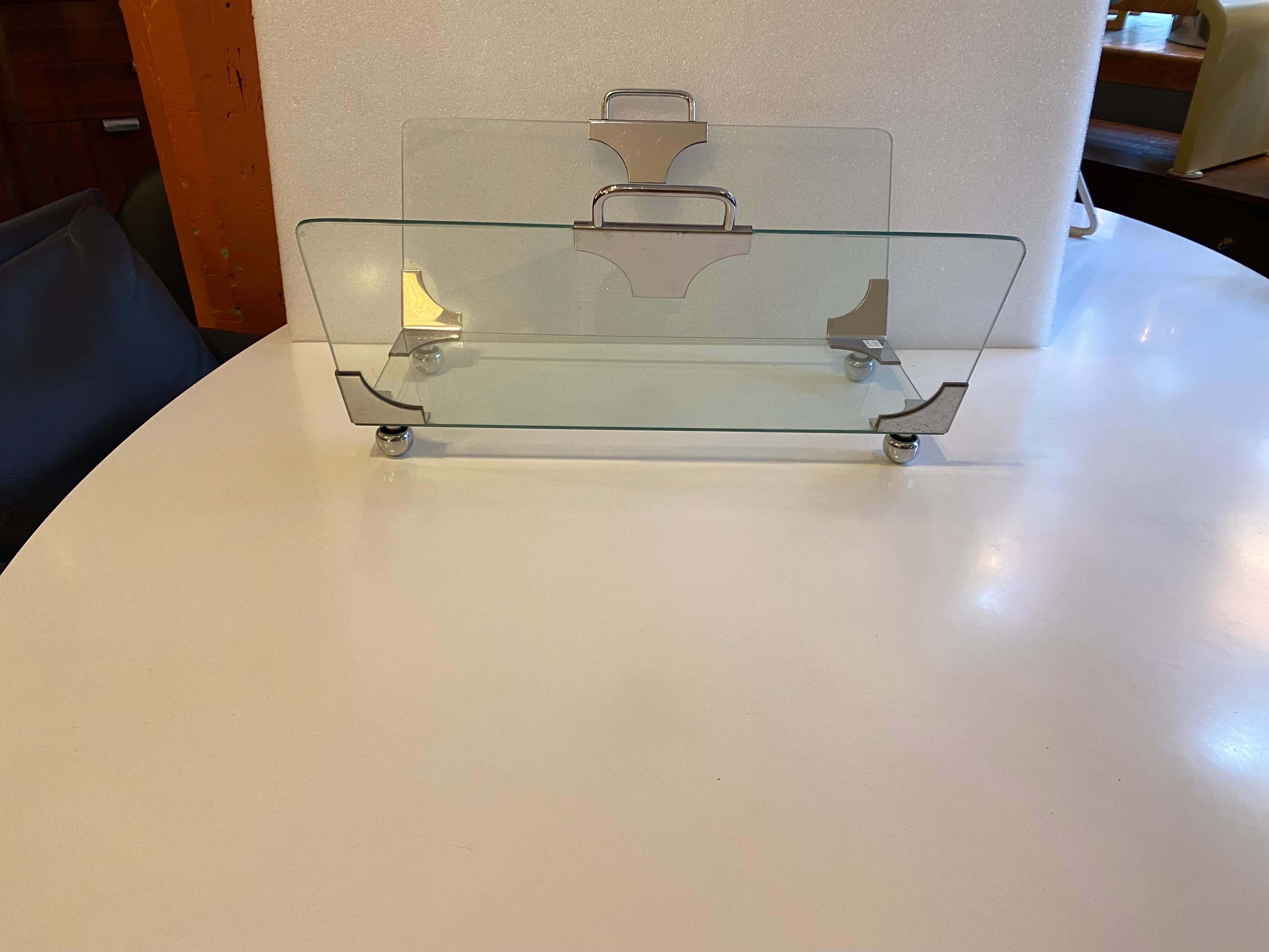 Mid-20th Century Glass and Chrome Magazine Rack For Sale