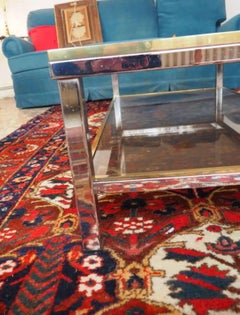 Glass and chrome metal coffee table with gilt metal