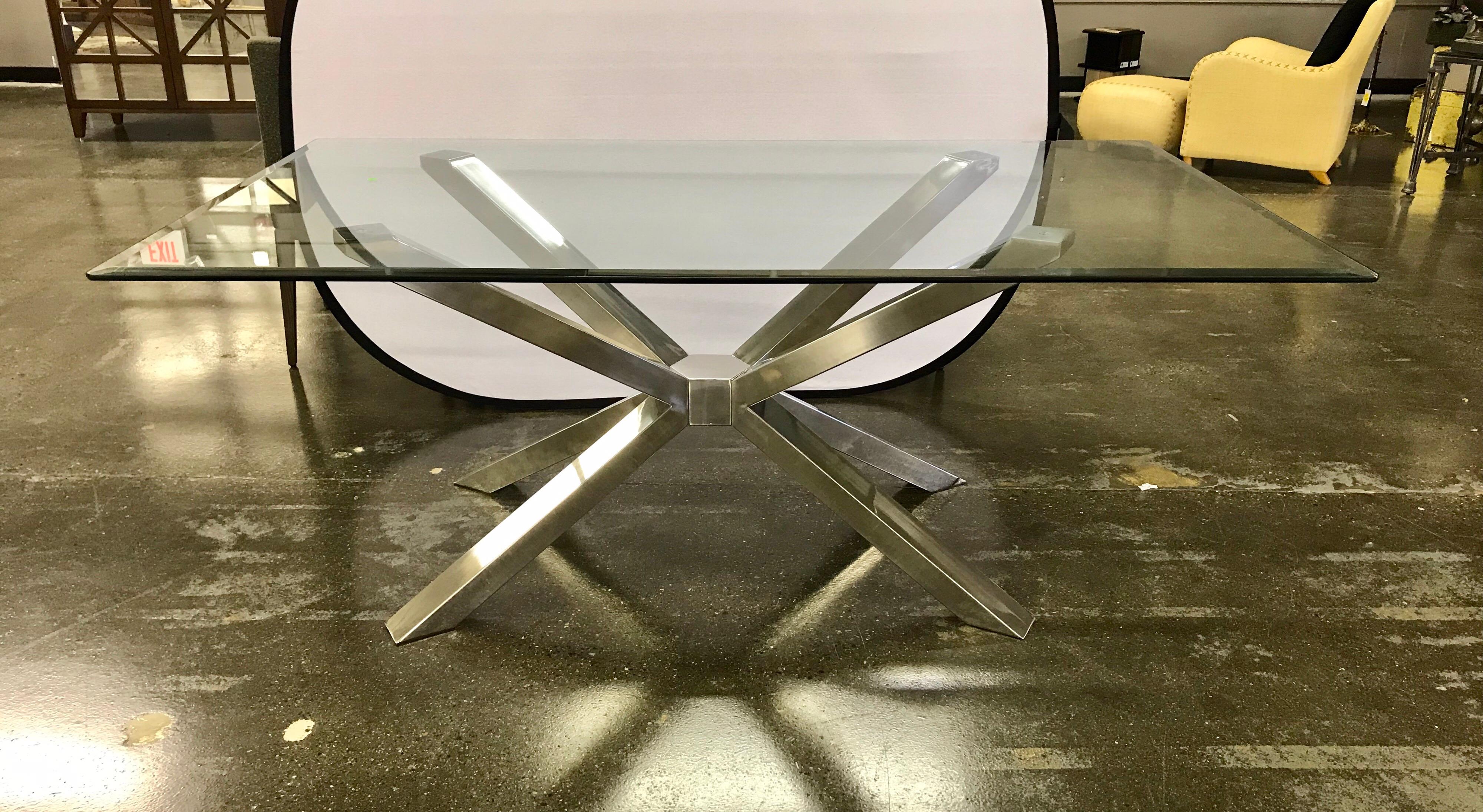 Exceptional mid century modern style  glass dining table with a sculptural chrome base and four Calligaris matching chairs in dark olive upholstery. The table dimensions are below and the chair dimensions are 19 x 21 x 34 tall with a seat height of