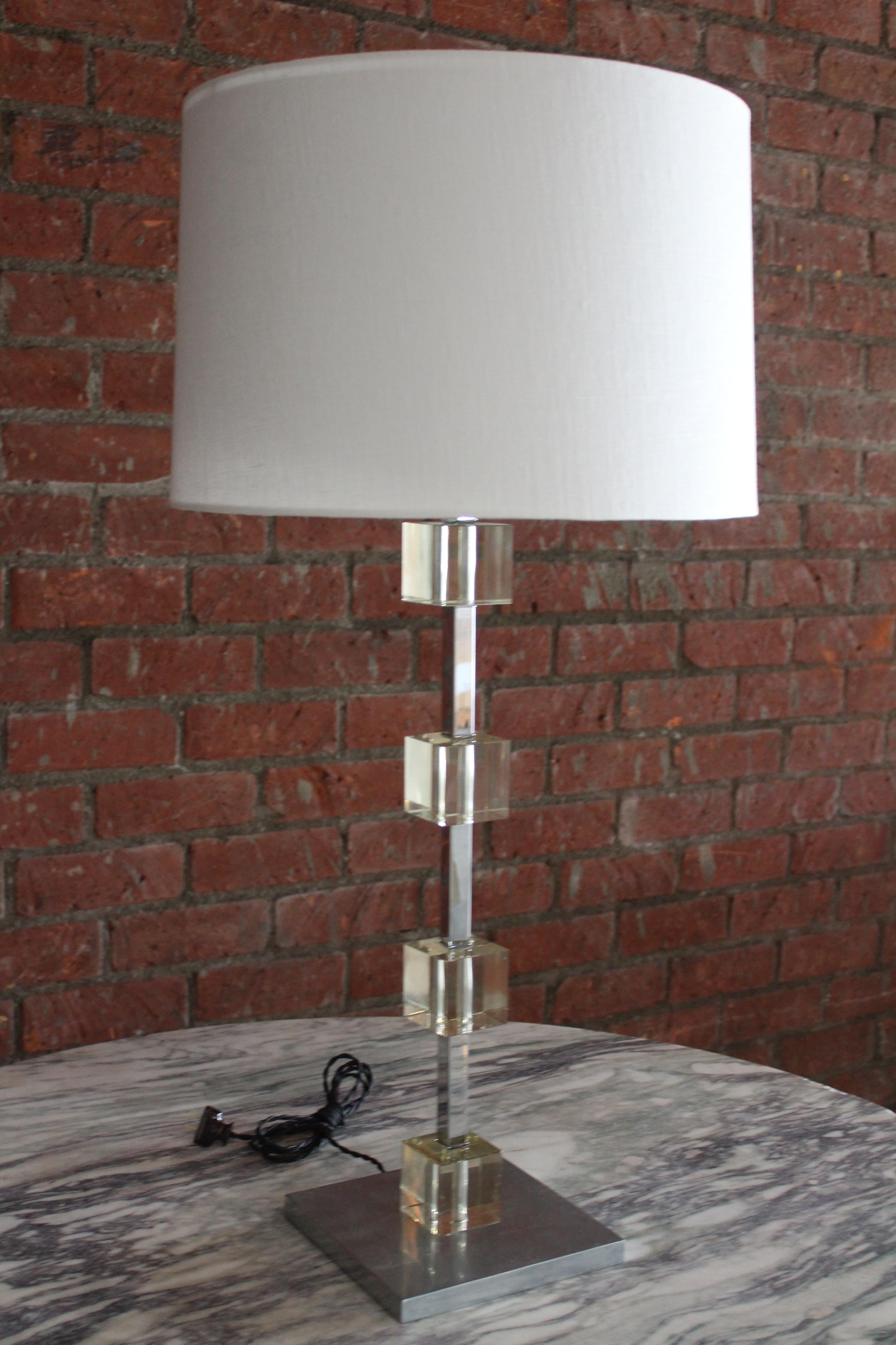 French Glass and Chrome Table Lamp Attributed to Jacques Adnet, France, 1960s