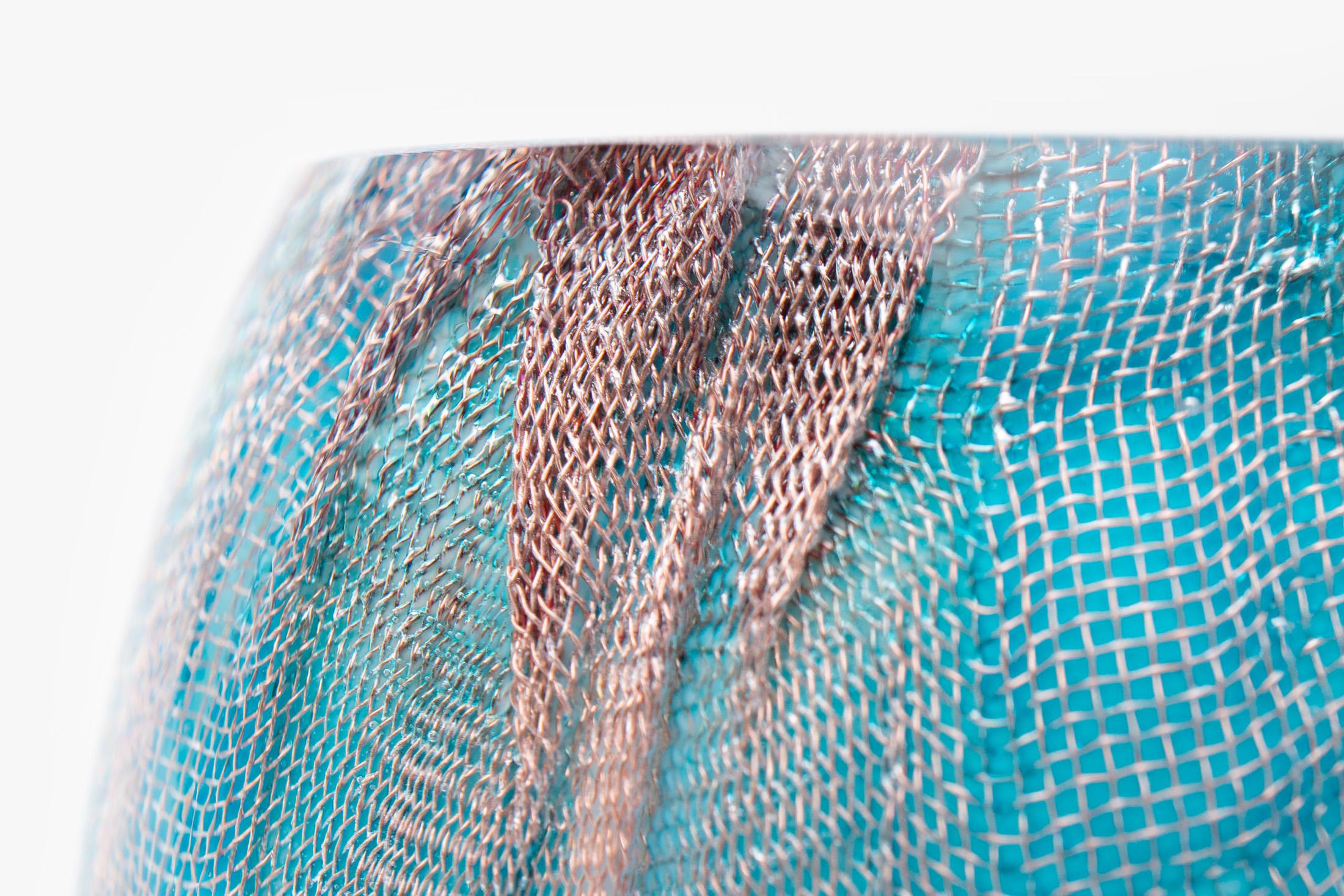Canadian Glass and Copper Mesh Vase by Omer Arbel for Oao Works, Bright Blue For Sale