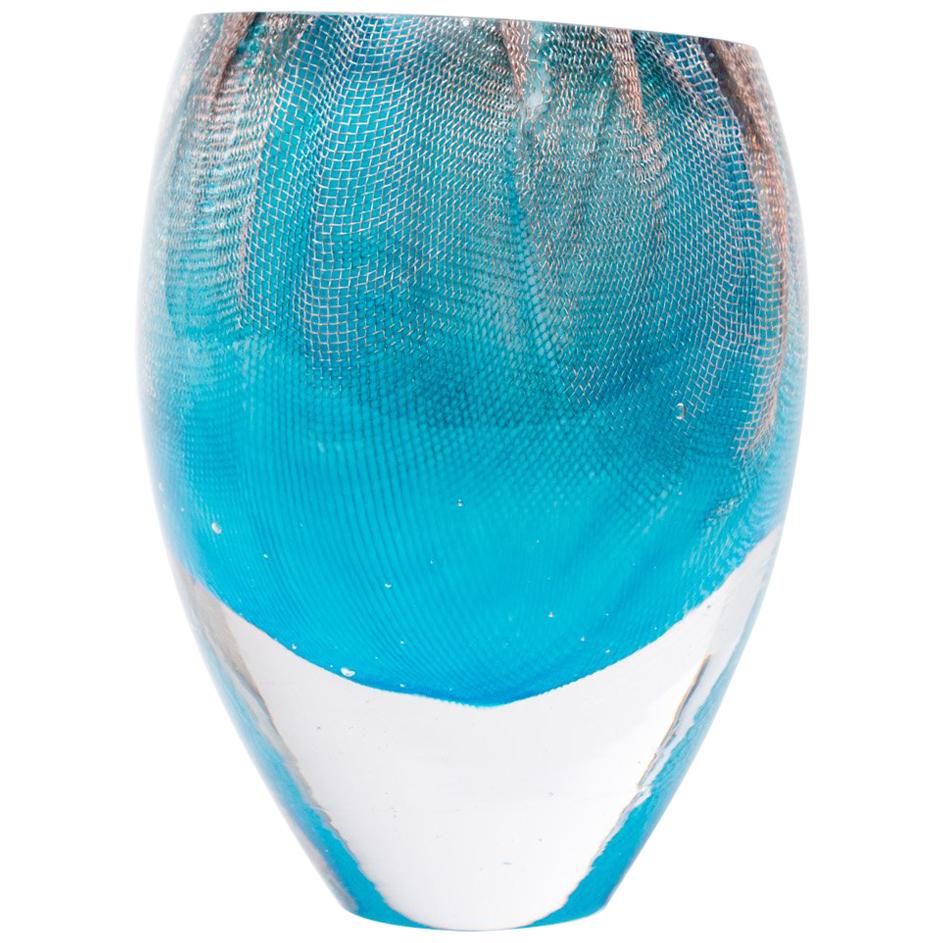 Glass and Copper Mesh Vase by Omer Arbel for Oao Works, Bright Blue For Sale
