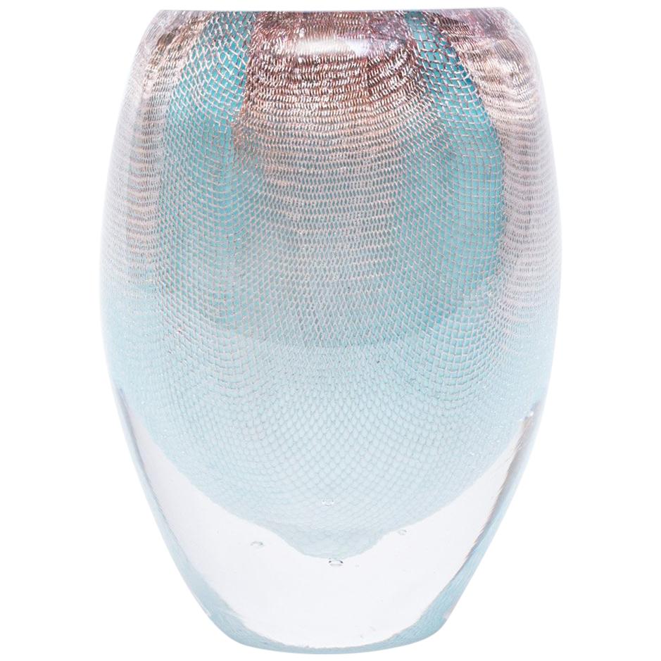 Glass and Copper Mesh Vase by Omer Arbel for OAO Works, Light Blue For Sale