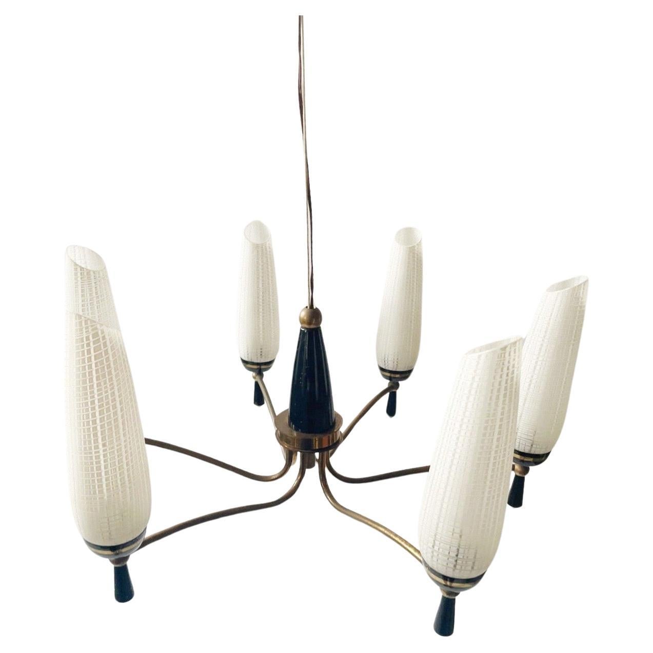 Glass and Enameled Brass Italian Chandelier For Sale