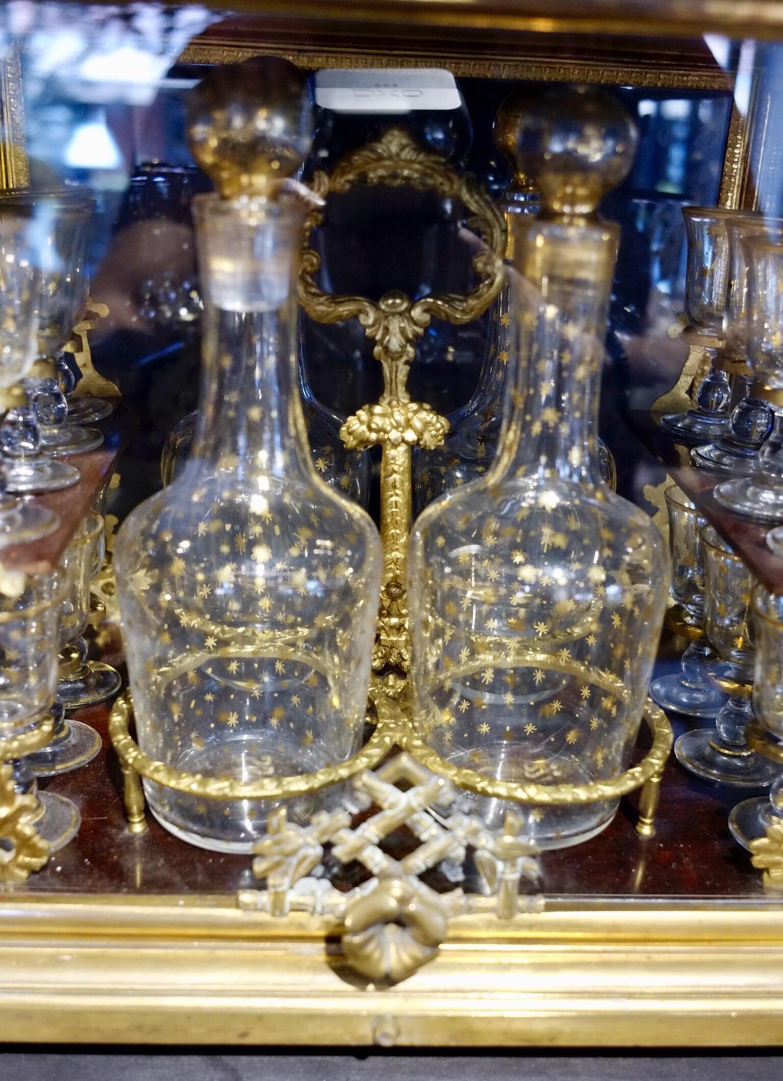 Glass and Gilded Bronze Liquor Cabinet and Baccarat Glasses Bamboo Style, France For Sale 4
