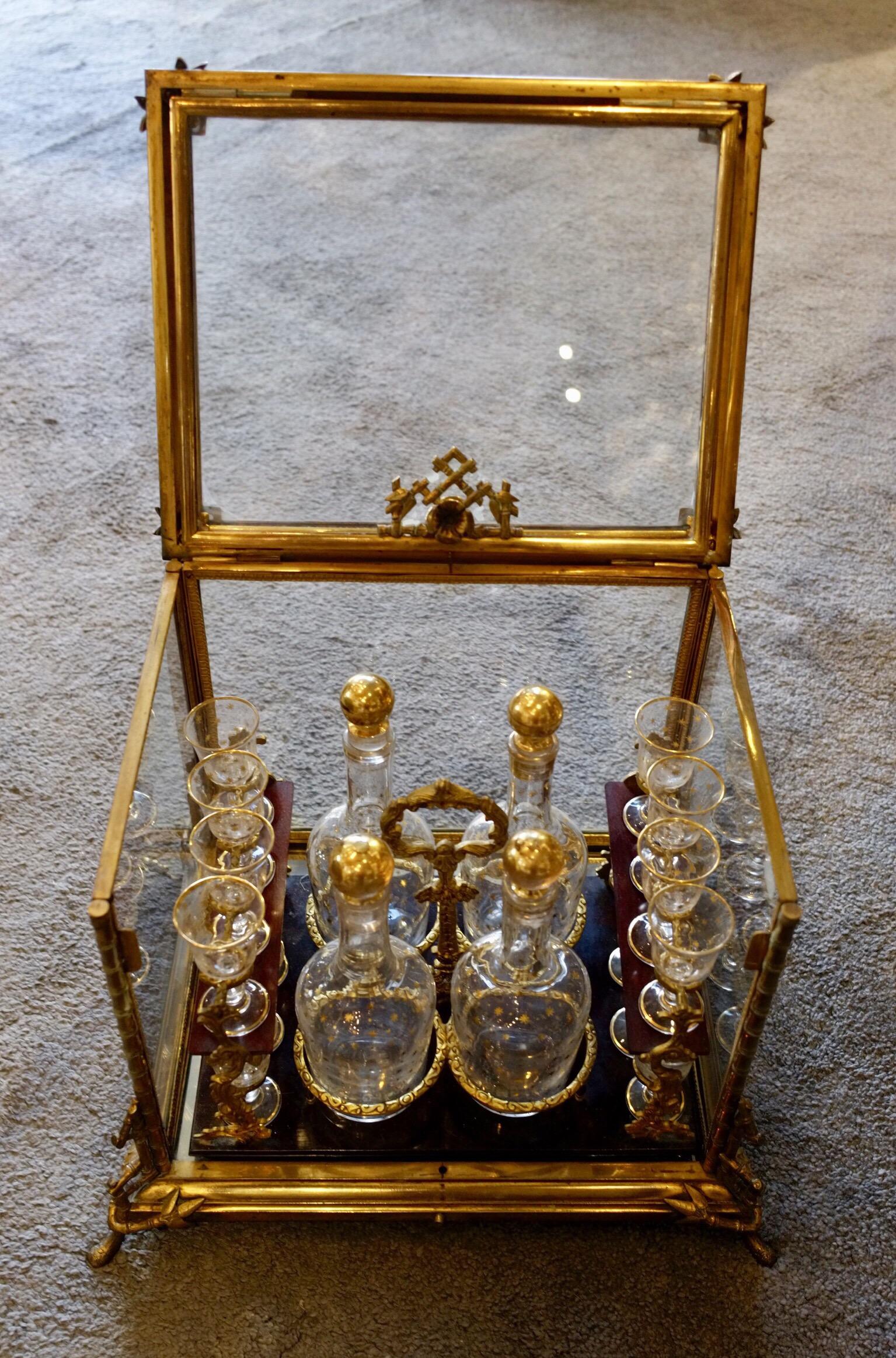 French Glass and Gilded Bronze Liquor Cabinet and Baccarat Glasses Bamboo Style, France For Sale