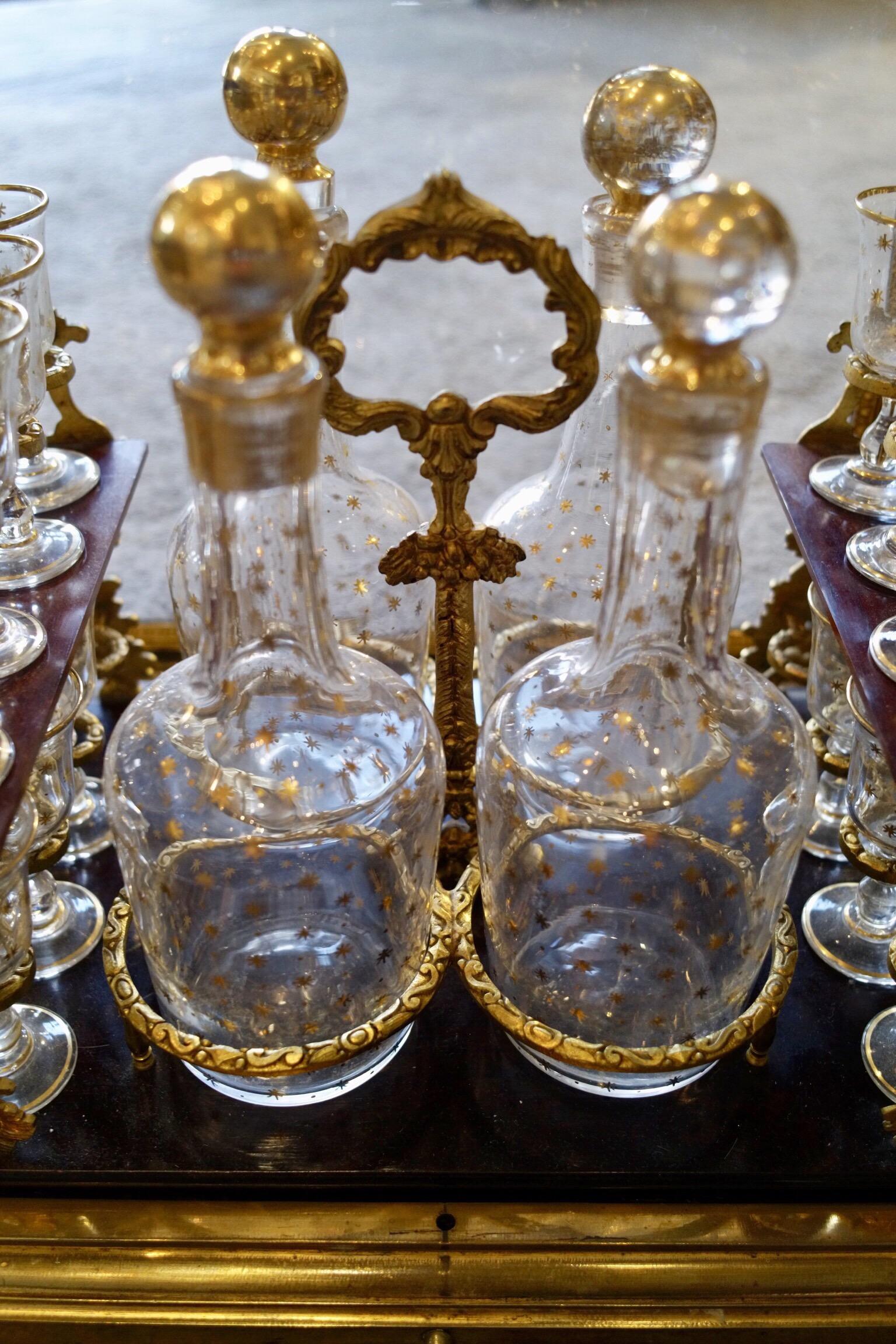 Gilt Glass and Gilded Bronze Liquor Cabinet and Baccarat Glasses Bamboo Style, France For Sale
