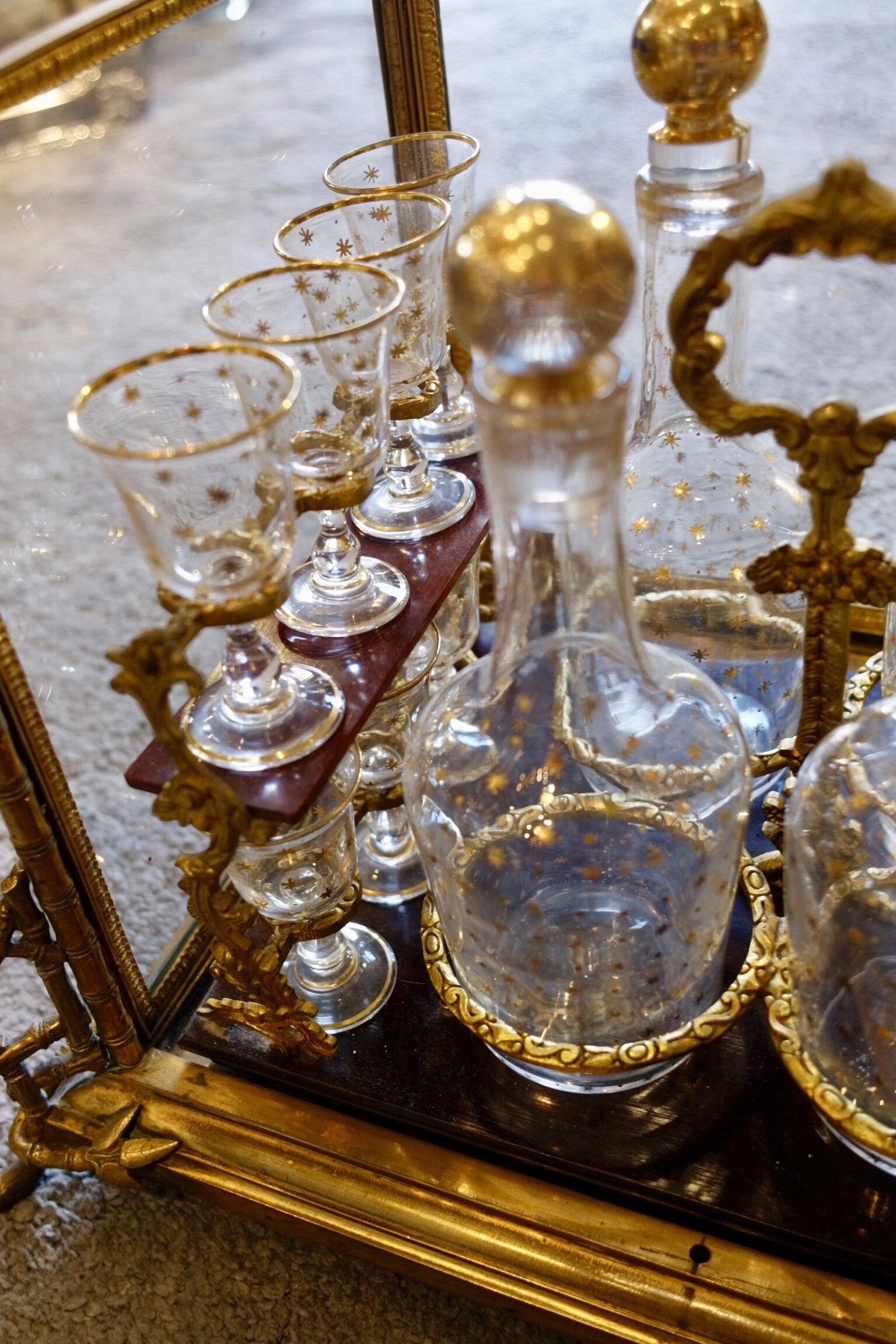 Glass and Gilded Bronze Liquor Cabinet and Baccarat Glasses Bamboo Style, France In Good Condition For Sale In Paris, FR