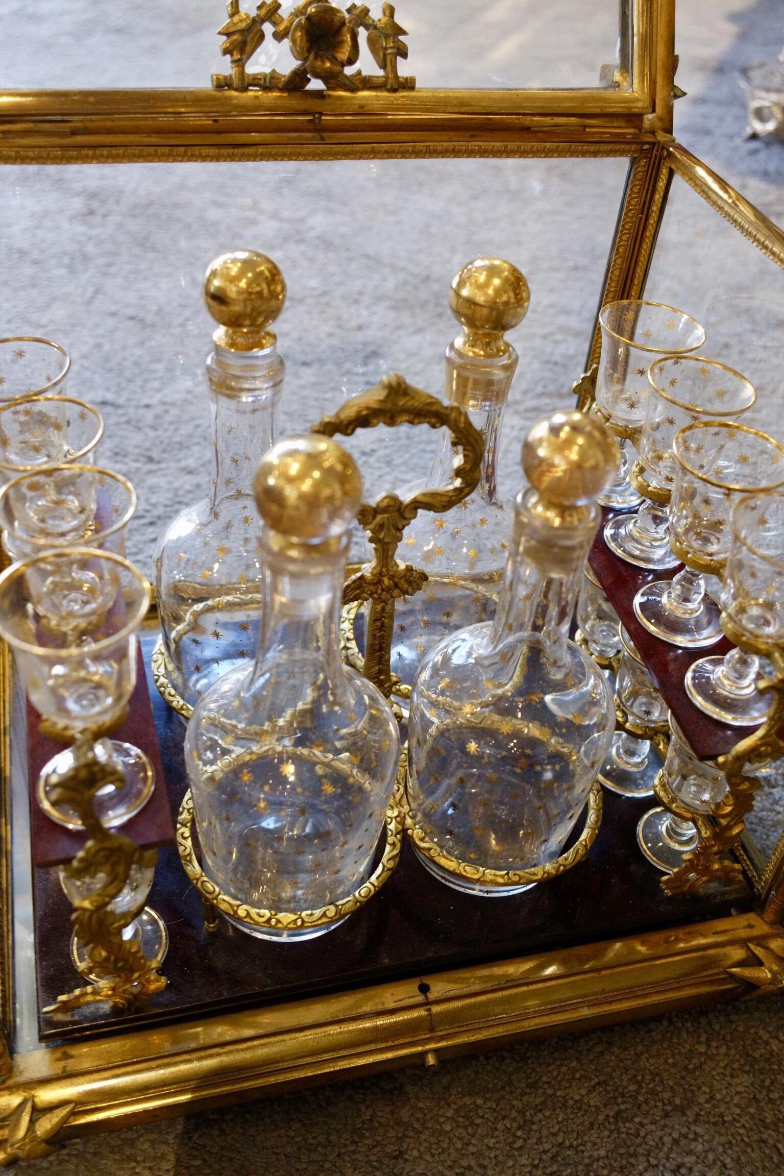 Glass and Gilded Bronze Liquor Cabinet and Baccarat Glasses Bamboo Style, France For Sale 1