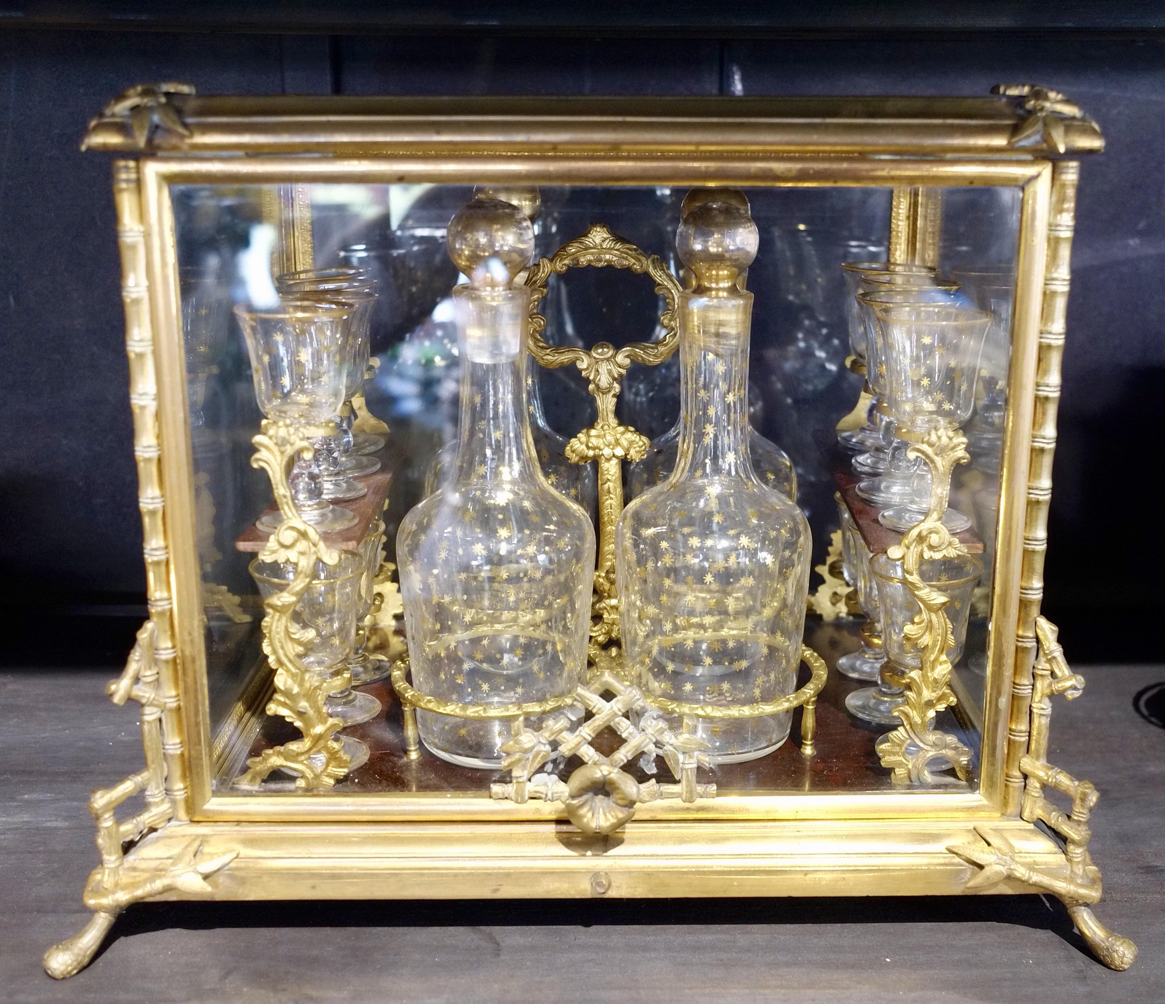 Glass and Gilded Bronze Liquor Cabinet and Baccarat Glasses Bamboo Style, France For Sale 2