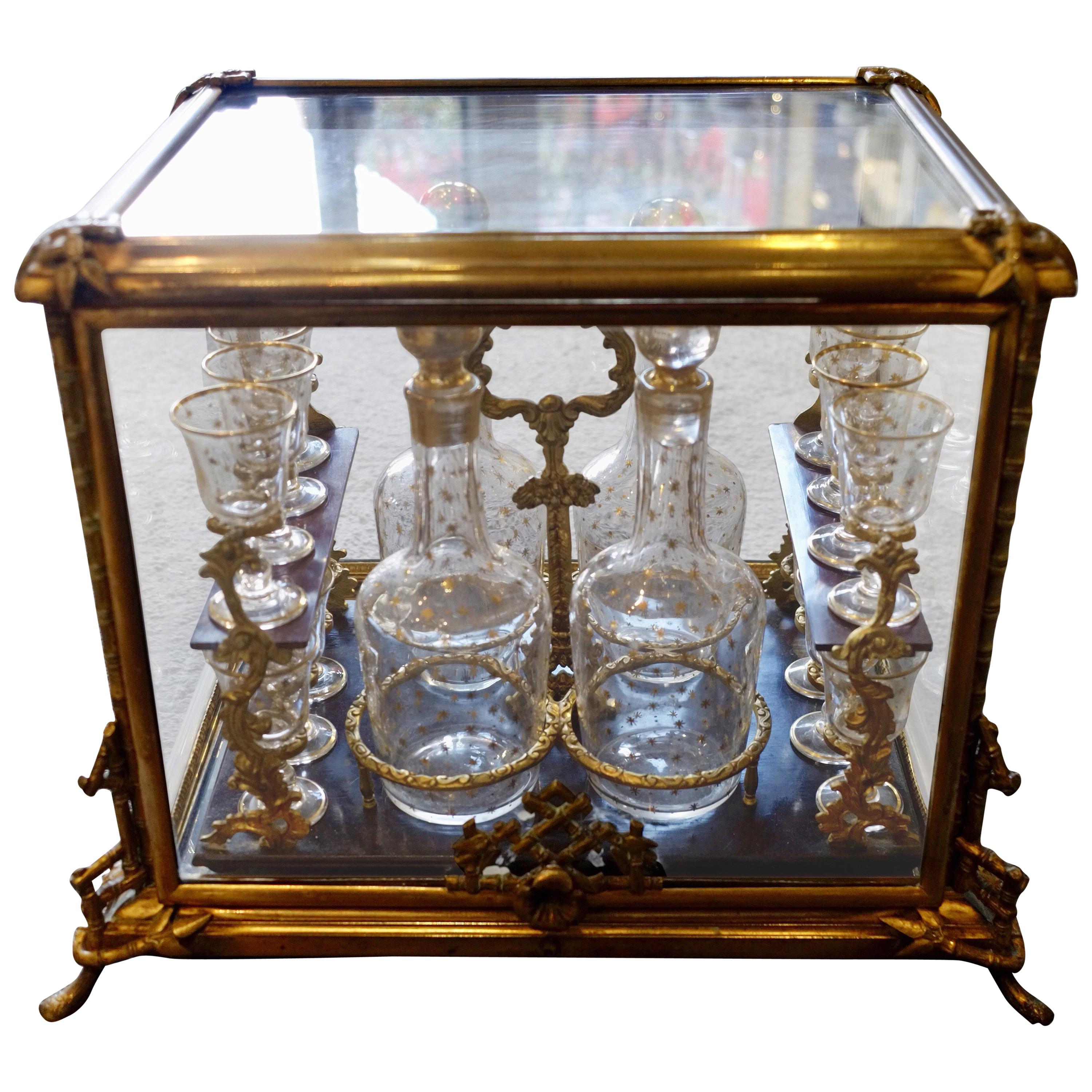 Glass and Gilded Bronze Liquor Cabinet and Baccarat Glasses Bamboo Style, France For Sale