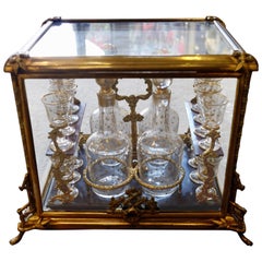 Glass and Gilded Bronze Liquor Cabinet and Baccarat Glasses Bamboo Style, France