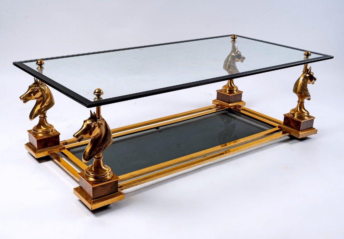 Glass and Gilt Bronze Cheval Coffee Table, Maison Charles, 20th Century In Good Condition In Saint-Ouen, FR