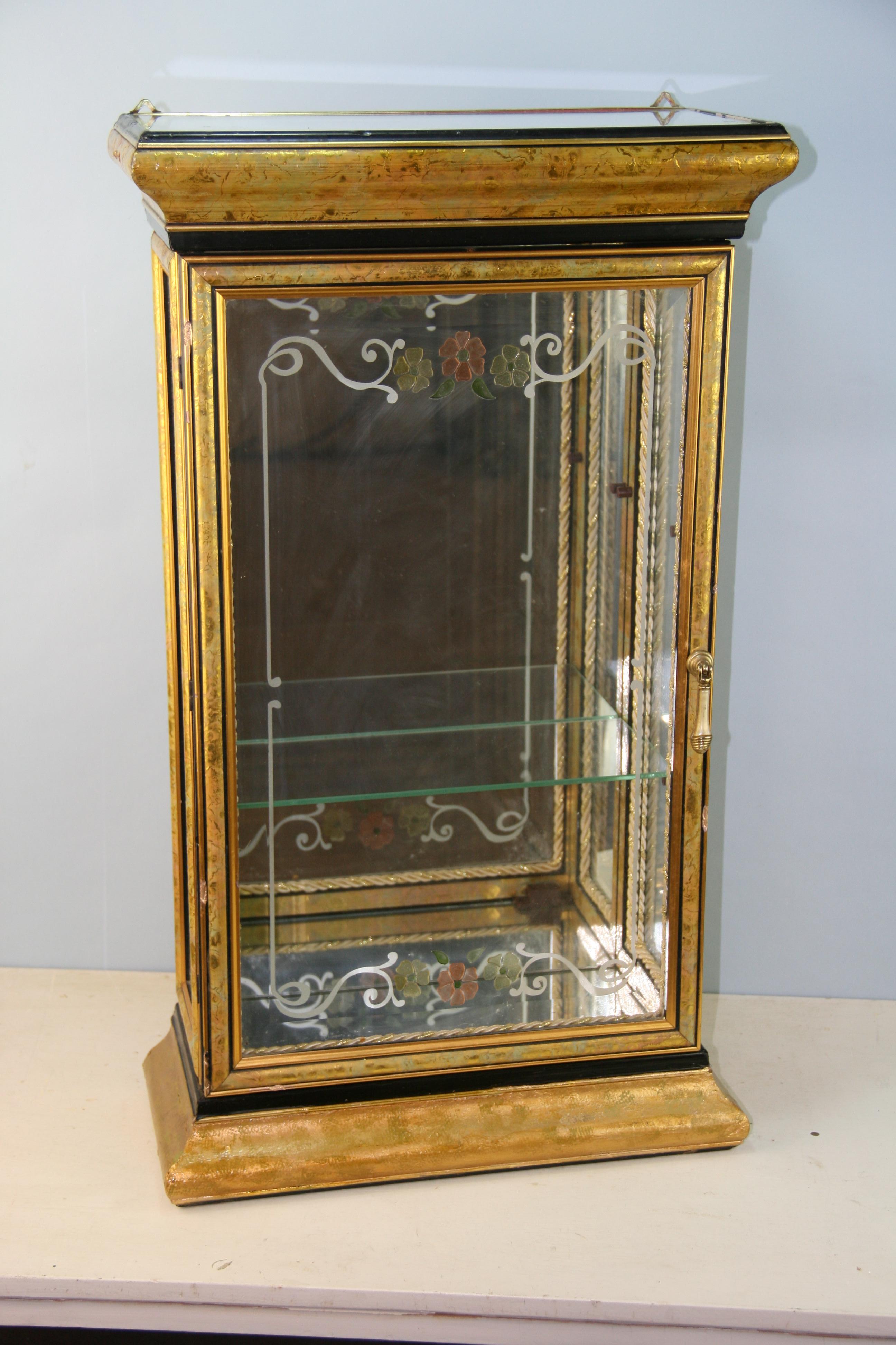 Hand crafted vitrine/curiosity cabinet with 2 glass shelves
Can stand on counter or hang on wall.