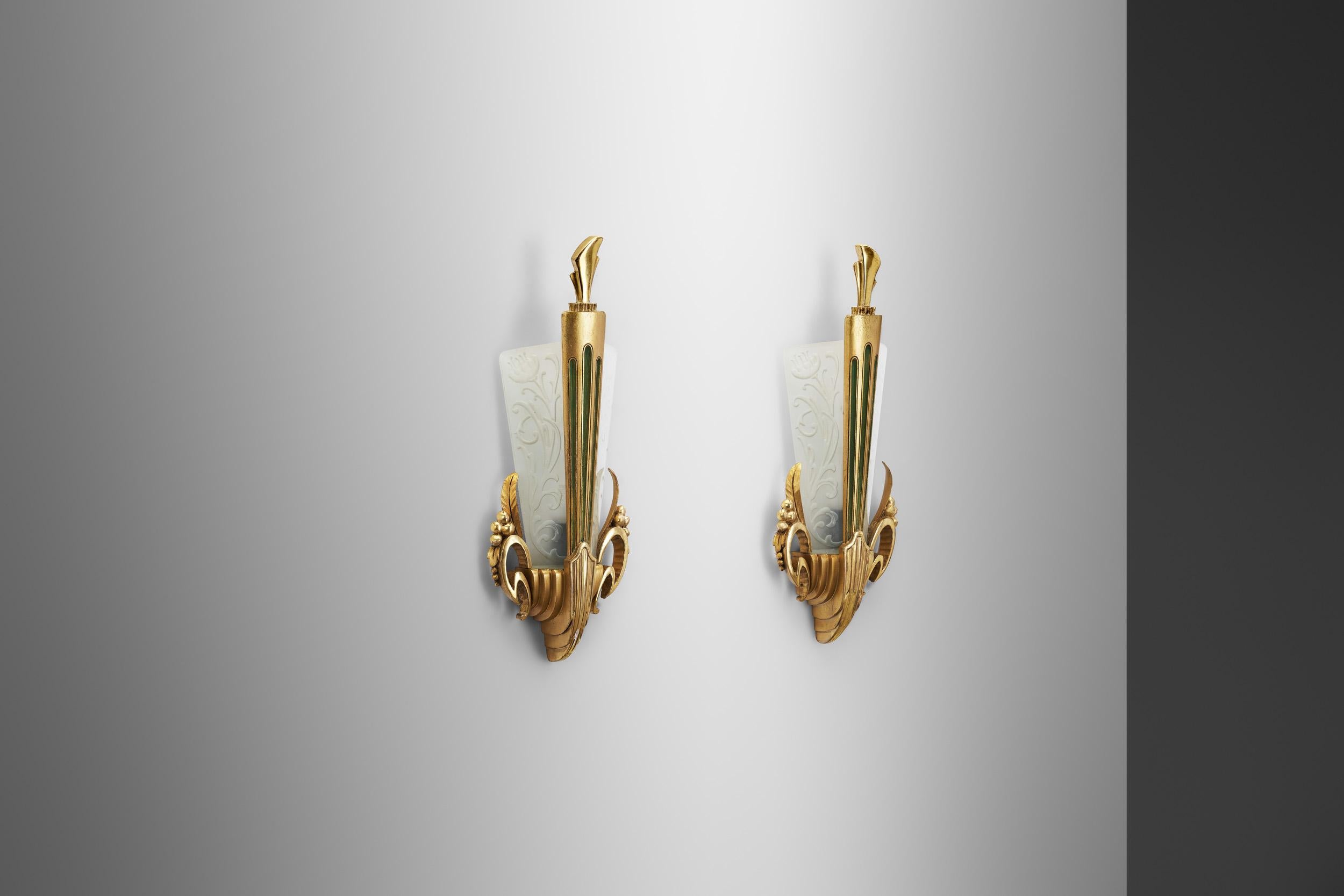 Art Nouveau Glass and Giltwood Wall Lights by Broman, Europe Early 20th Century For Sale