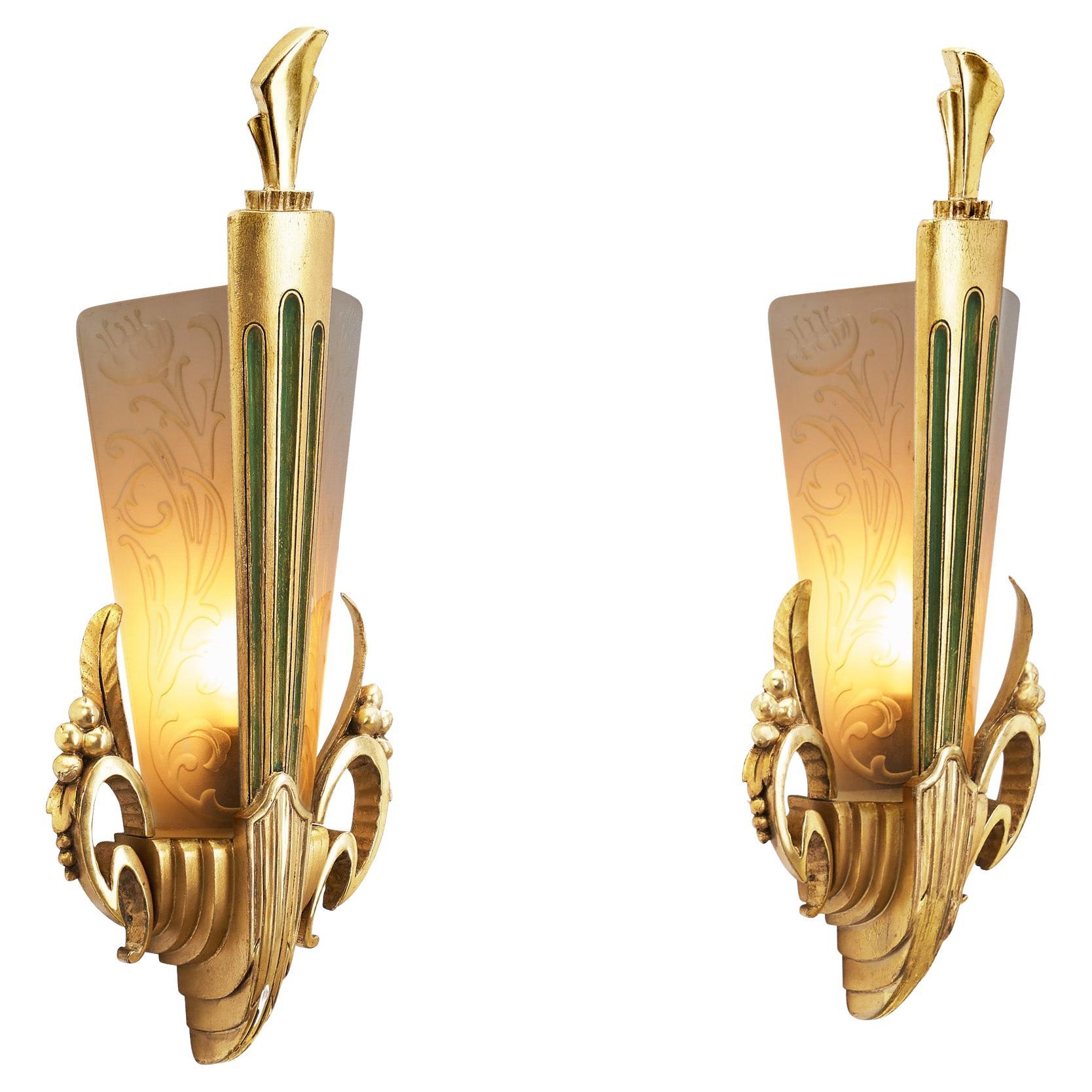 Glass and Giltwood Wall Lights by Broman, Europe Early 20th Century For Sale