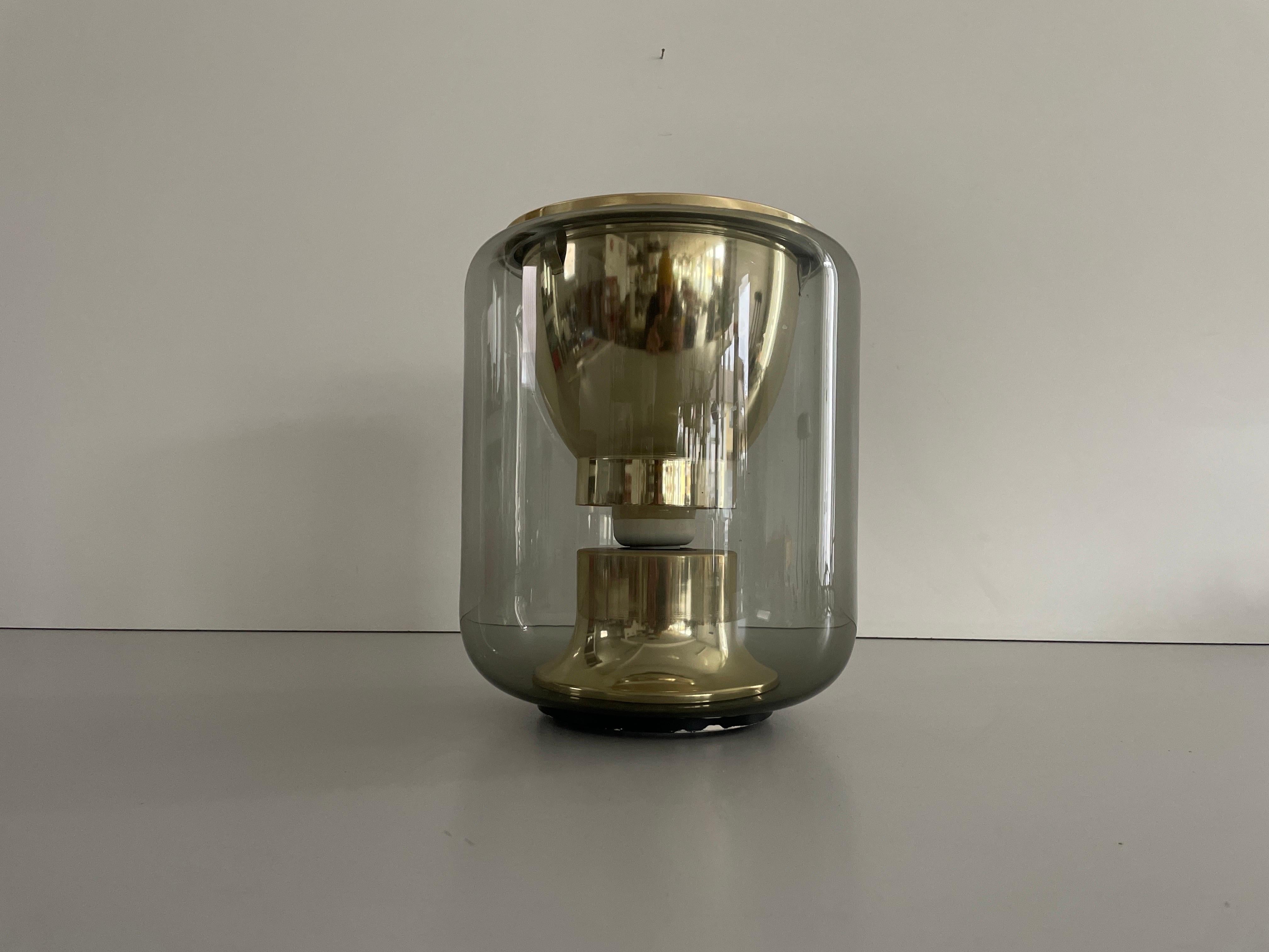 Glass and Gold Metal Ceiling Lamp by Erco, 1960s, Germany

Lampshade is in very good vintage condition.

This lamp works with E27 light bulbs. 
Wired and suitable to use with 220V and 110V for all countries.

Measurements:
Height: 26 cm
Diameter: 21