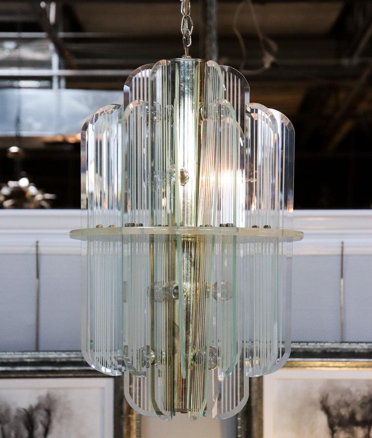 Brass Glass and Lucite Chandelier, circa 1980s