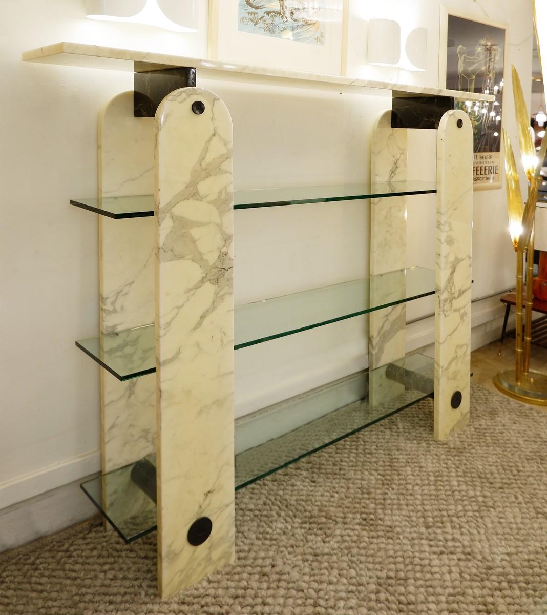 Glass and marble shelf.