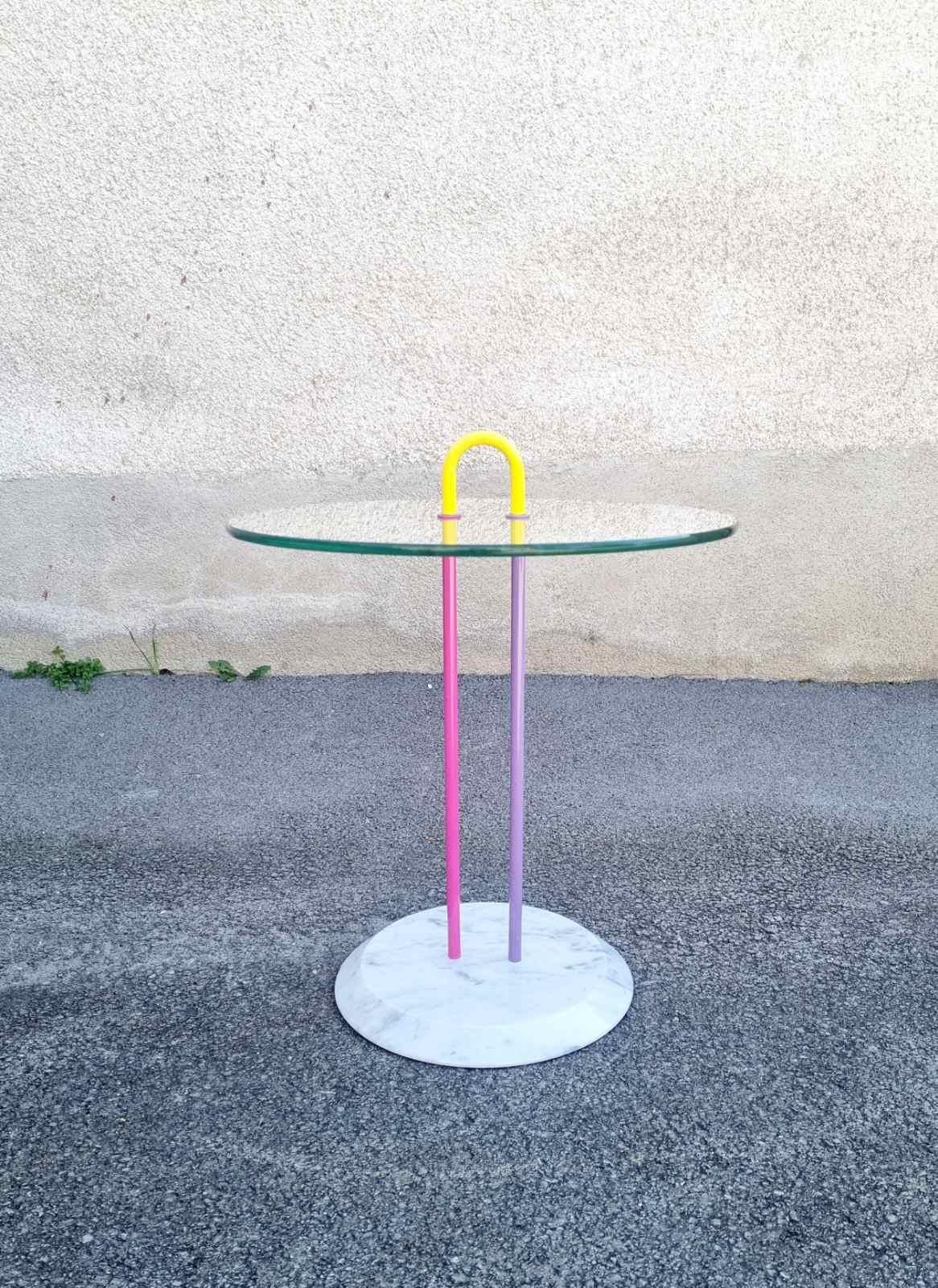 Metal Glass and Marble Side Table Designed by Vico Magistretti for Cattelan, Italy 80s For Sale