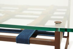 Glass and Marbled Rust Coffee Table with Cognac and Indigo Belts