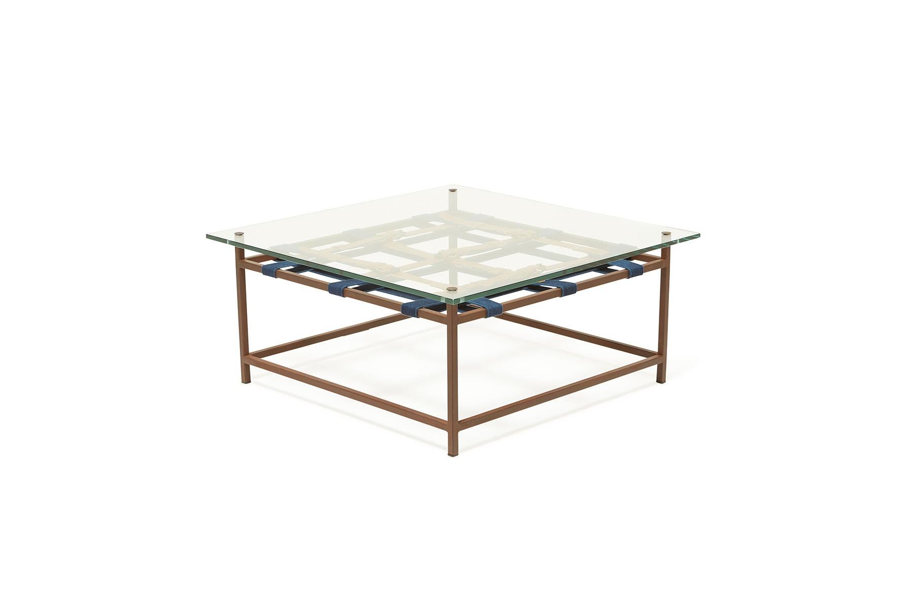 American Glass and Marbled Rust Coffee Table with Cognac and Indigo Belts For Sale