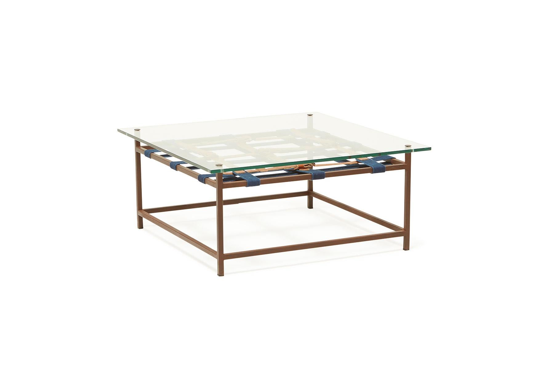 Modern Glass and Marbled Rust Coffee Table with Cognac and Indigo Belts For Sale