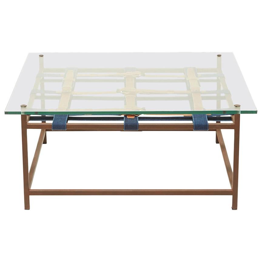 Glass and Marbled Rust Coffee Table with Cognac and Indigo Belts