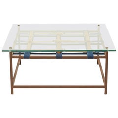 Glass and Marbled Rust Coffee Table with Cognac and Indigo Belts