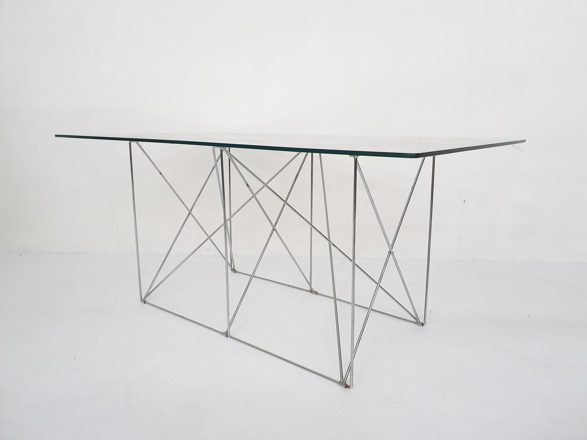 Mid-Century Modern Table de salle à manger en verre et métal par Max Sauze, années 1970 en vente