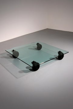 Tavolo basso in vetro e metallo attribuito a Gae Aulenti per Fontana Arte, anni '70