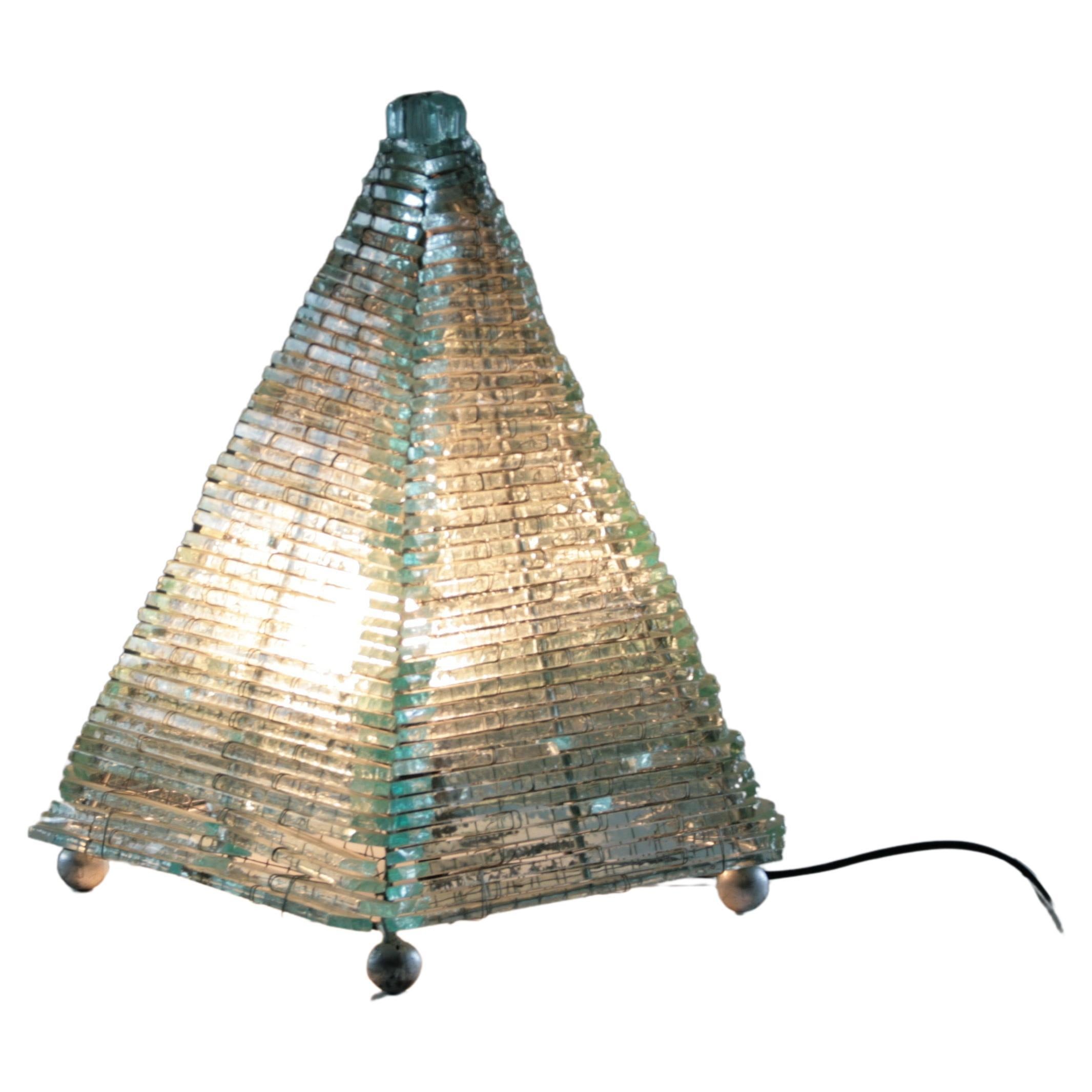 Glass and Metal Pyramid Table Lamp, 1970s For Sale