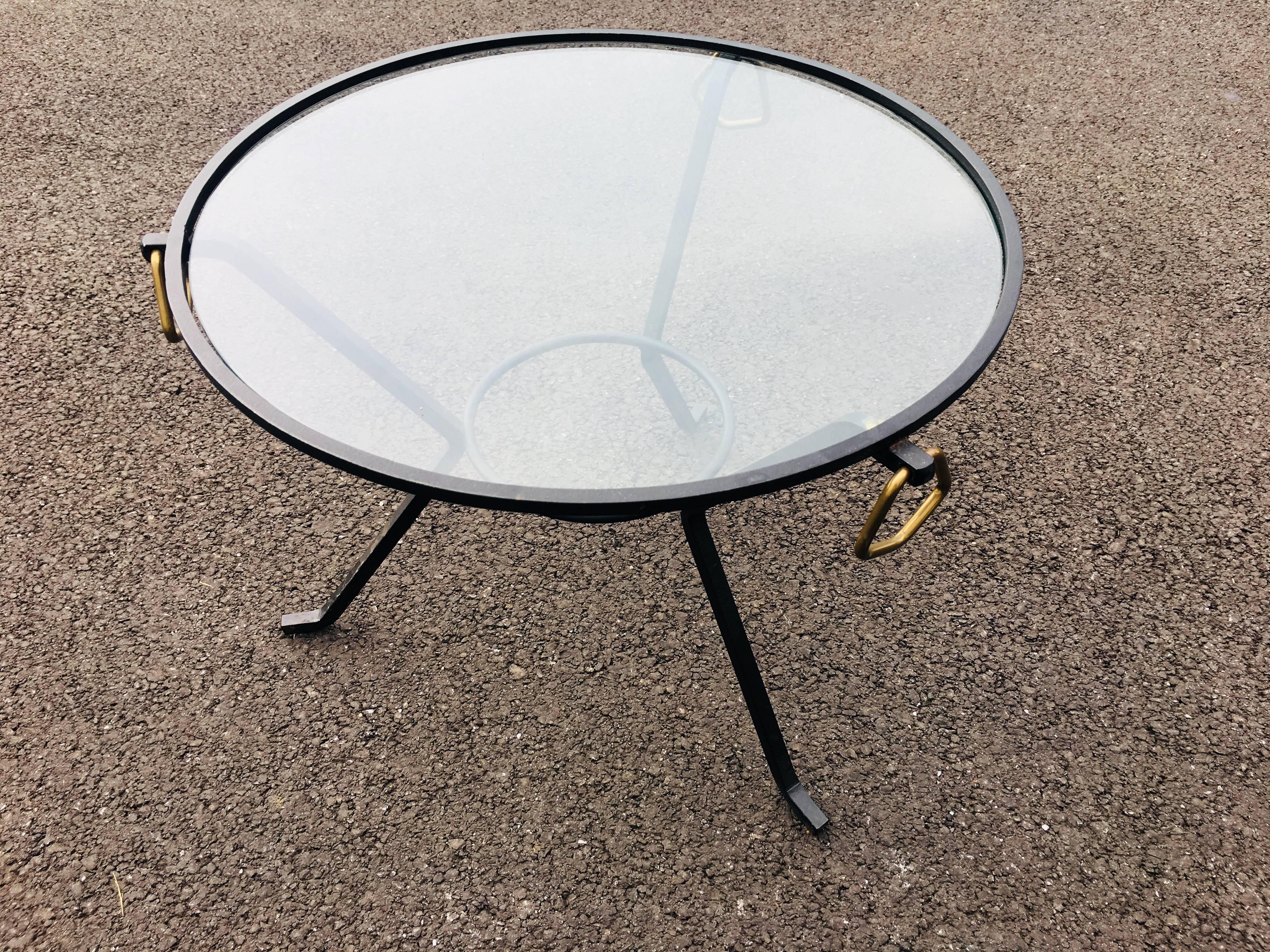 Mid-Century Modern Glass and Metal Round Coffee Table in the Manner of Jacques Adnet