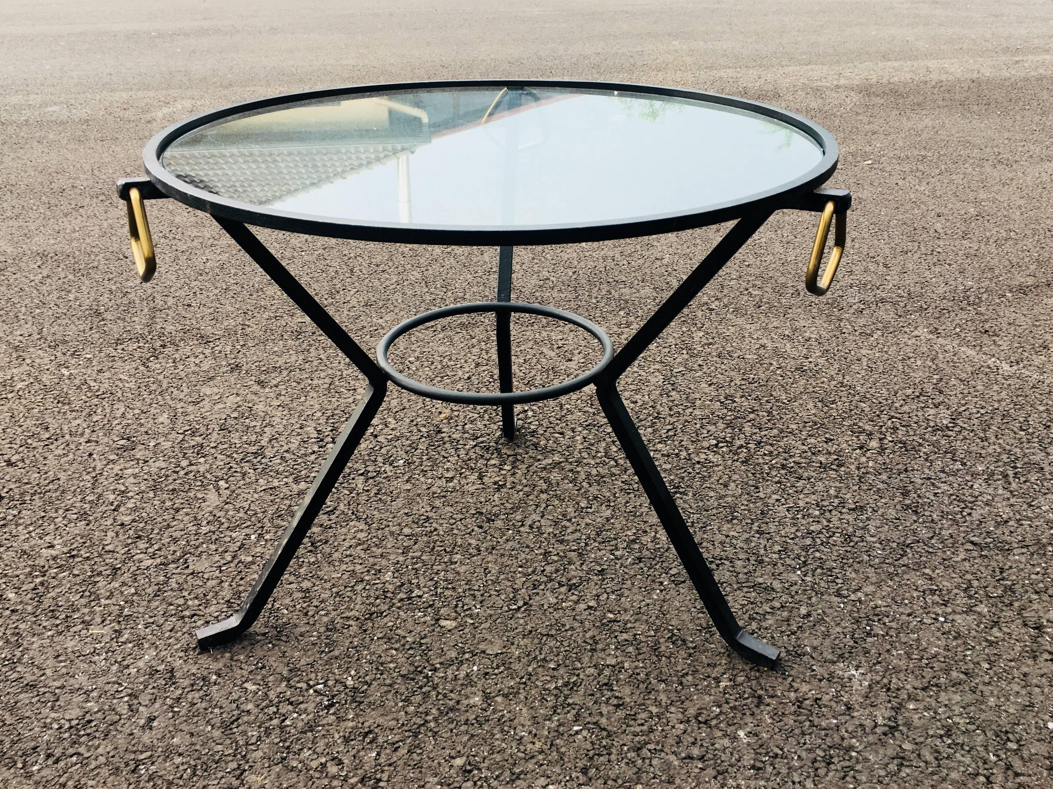 20th Century Glass and Metal Round Coffee Table in the Manner of Jacques Adnet