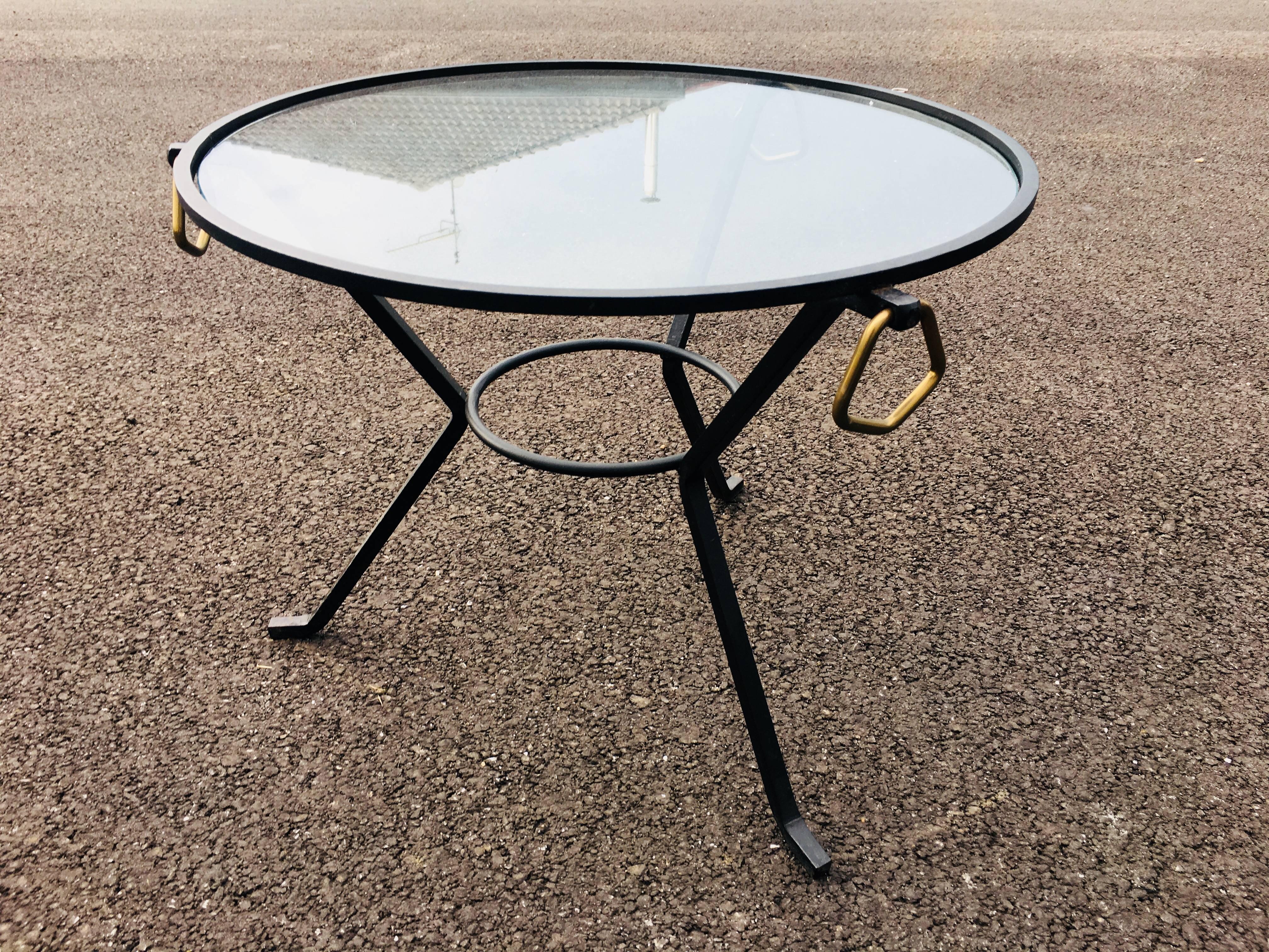 Glass and Metal Round Coffee Table in the Manner of Jacques Adnet 1